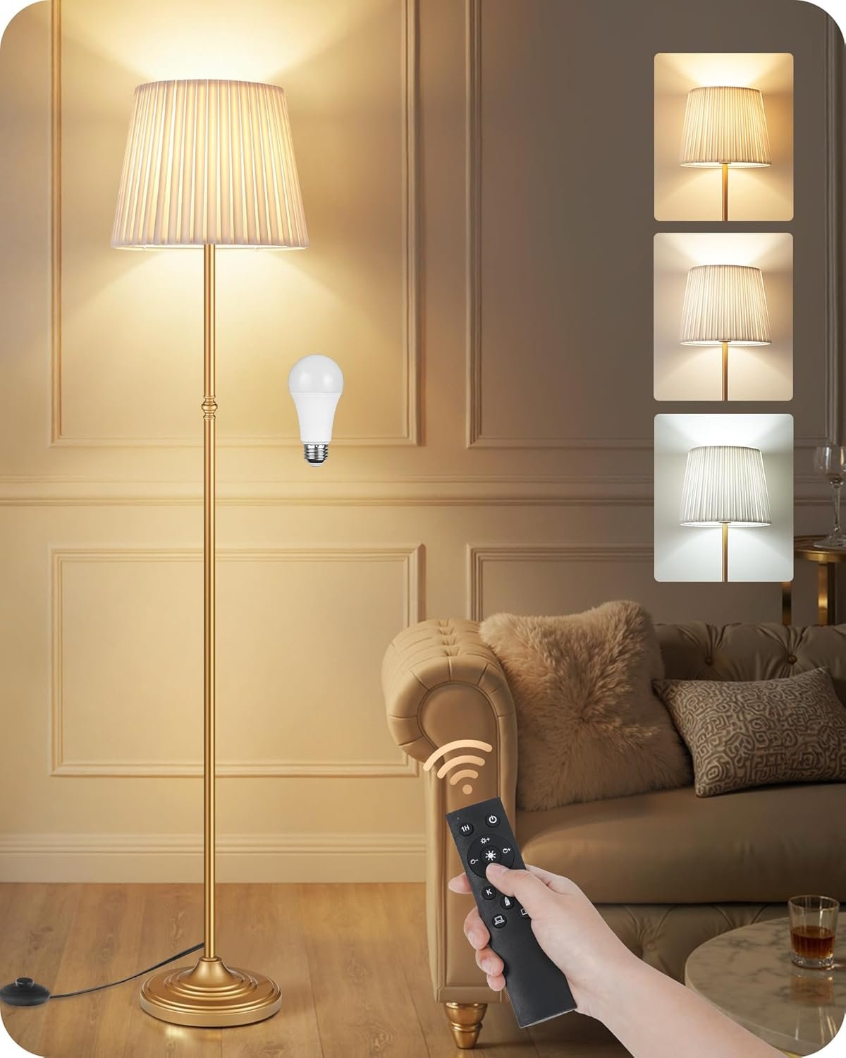 Dimmable Floor Lamp for Living Room, 68″ Tall Standing Lamp, Reading Light with Remote & Foot Pedal, 10W LED Bulb (3000K-6500K) Included, FCC Listed, Reinforced Base, Gold and White DW12LD05