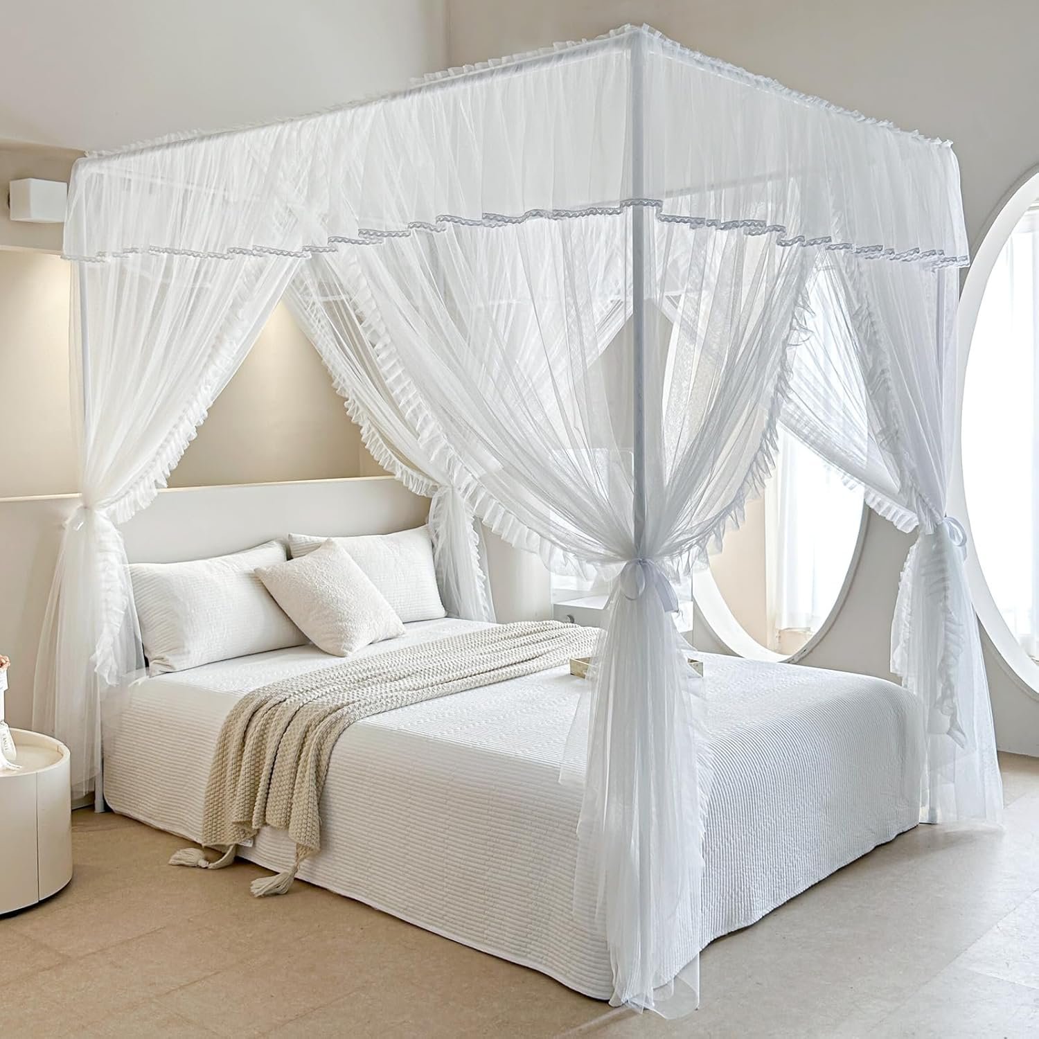 AIKASY 4 Corners Post Ruffle Princess Bed Canopy Curtain – Double Layer Cozy Drape Netting with 4 Openings – Elegant Mosquito Net for Girls and Adults Bedroom Decoration (White,Full)