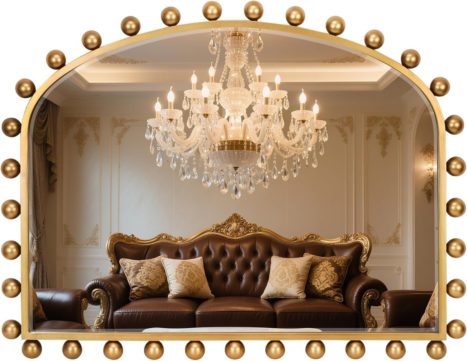36″x28″ Wide Arched Wall Mirror, Antique Gold Ball Frame with Beveled Glass, Large Horizontal Mantel Piece Over Fireplace or Above Sofa, Statement Metal Frame for Living Room