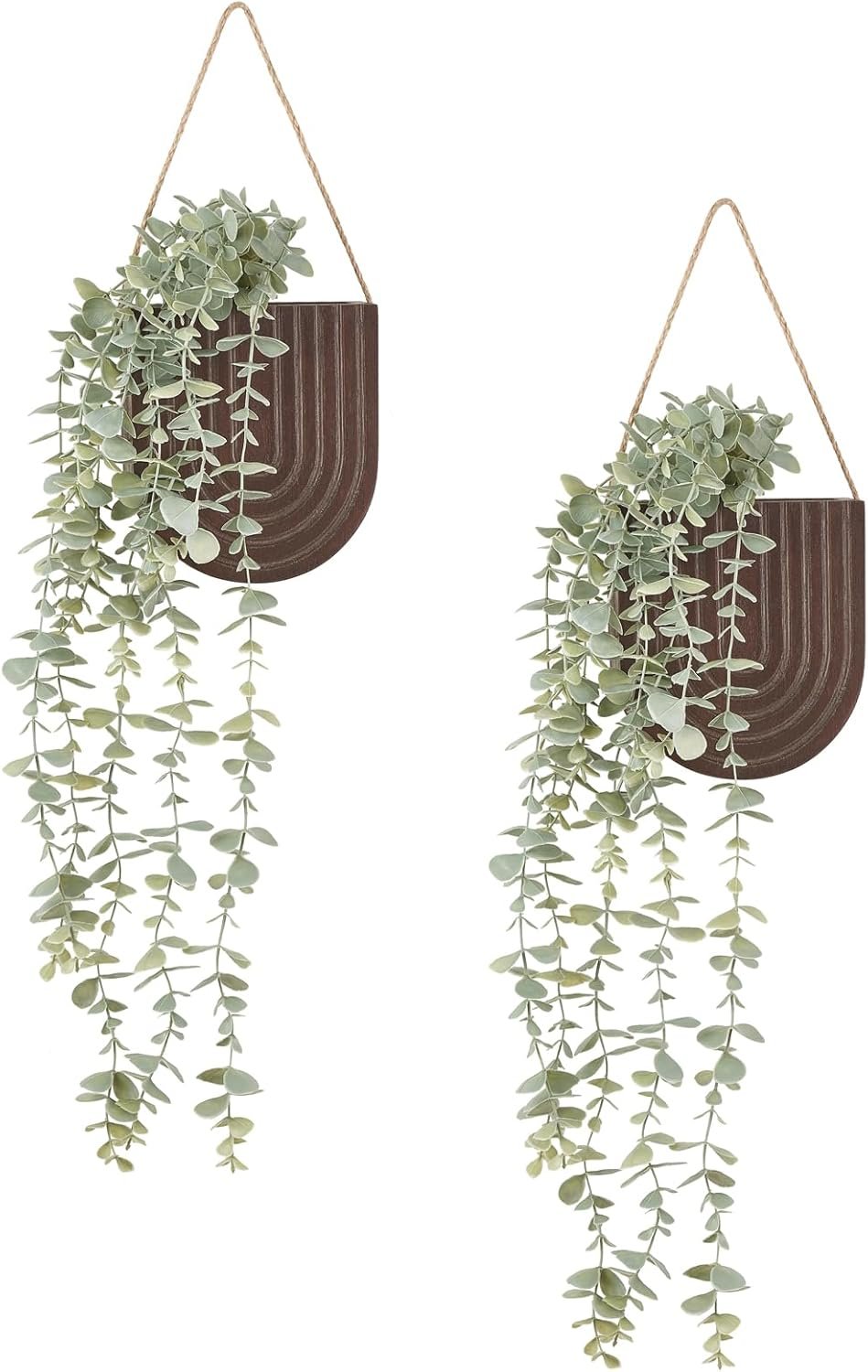 Dahey 2 Pack Wood Wall Vase with Fake Eucalyptus Plants, Modern Farmhouse Boho Wall Hanging Decor Planter for Artificial Plants Living Room Bedroom Bathroom Kitchen Home Office Decoration, Brown