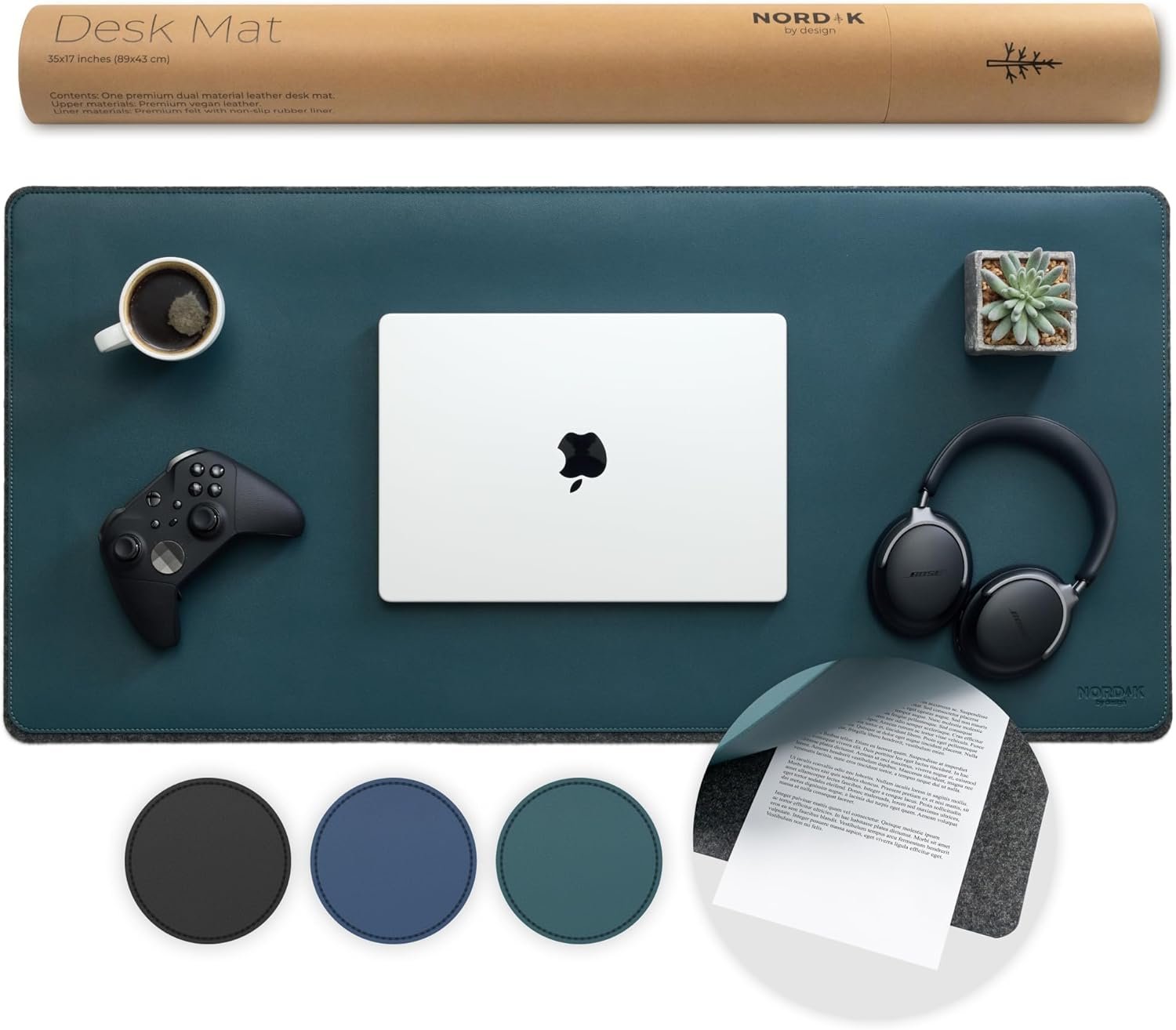 Nordik Felt and Leather Desk Mat Non-Slip – Green – 35 X 17 Inch – Dual Layer – Felt and Vegan Leather Desk Pad – Document Organizers – Blotter and Desktop Mat – Protector Laptop Matt for Desktop