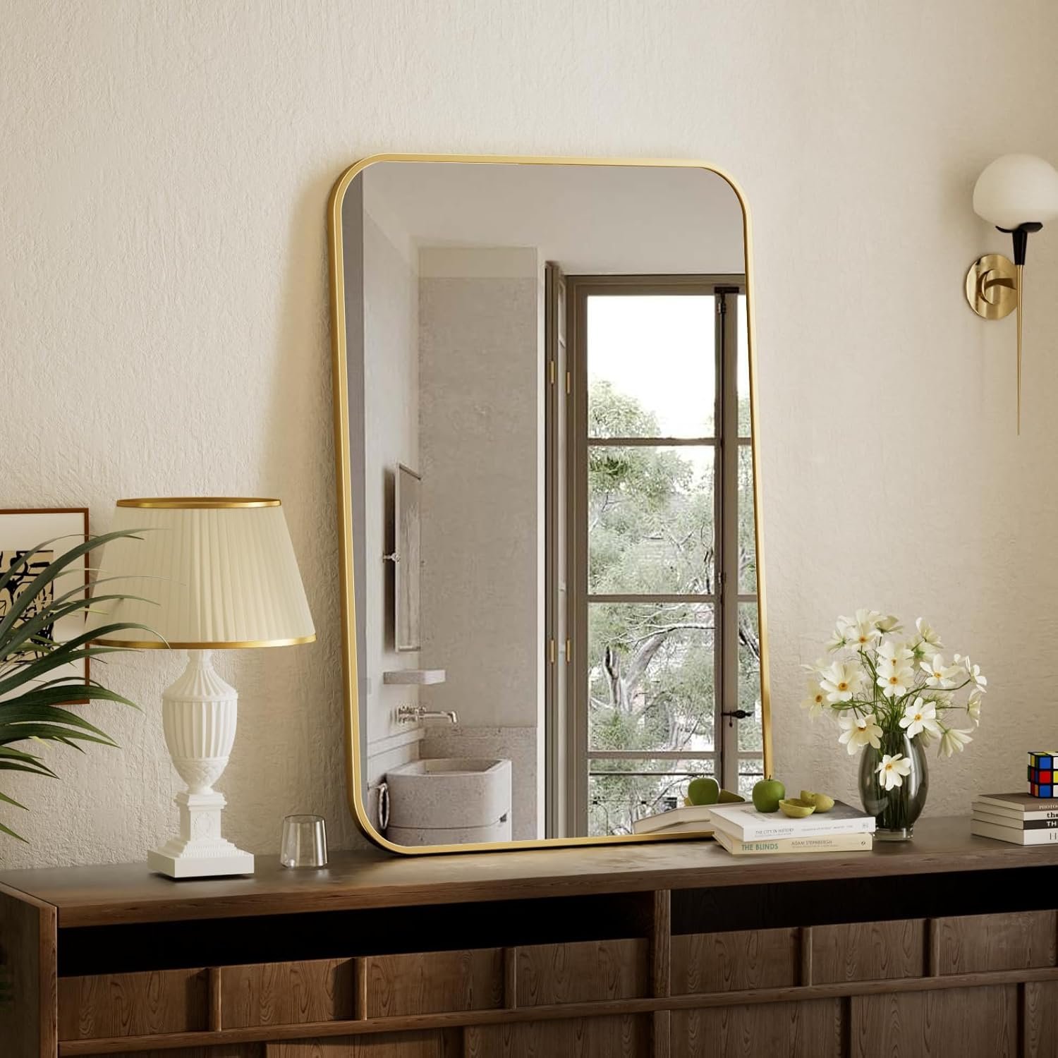 BEAUTYPEAK 20″ x 28″ Rectangular Aluminum Alloy Frame Wall Mounted Bathroom Mirror with Rounded Corners, Gold