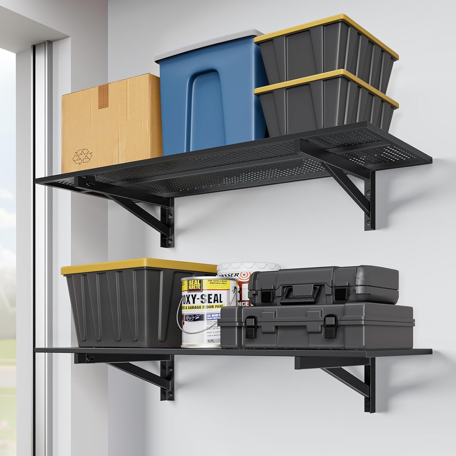 Jusgym 2 Pack Heavy Duty Garage Wall Shelving (1.5x4ft), 700lbs Capacity Garage Shelving Wall Mounted, 18″x96″Garage Storage Rack Floating Shelves, Black