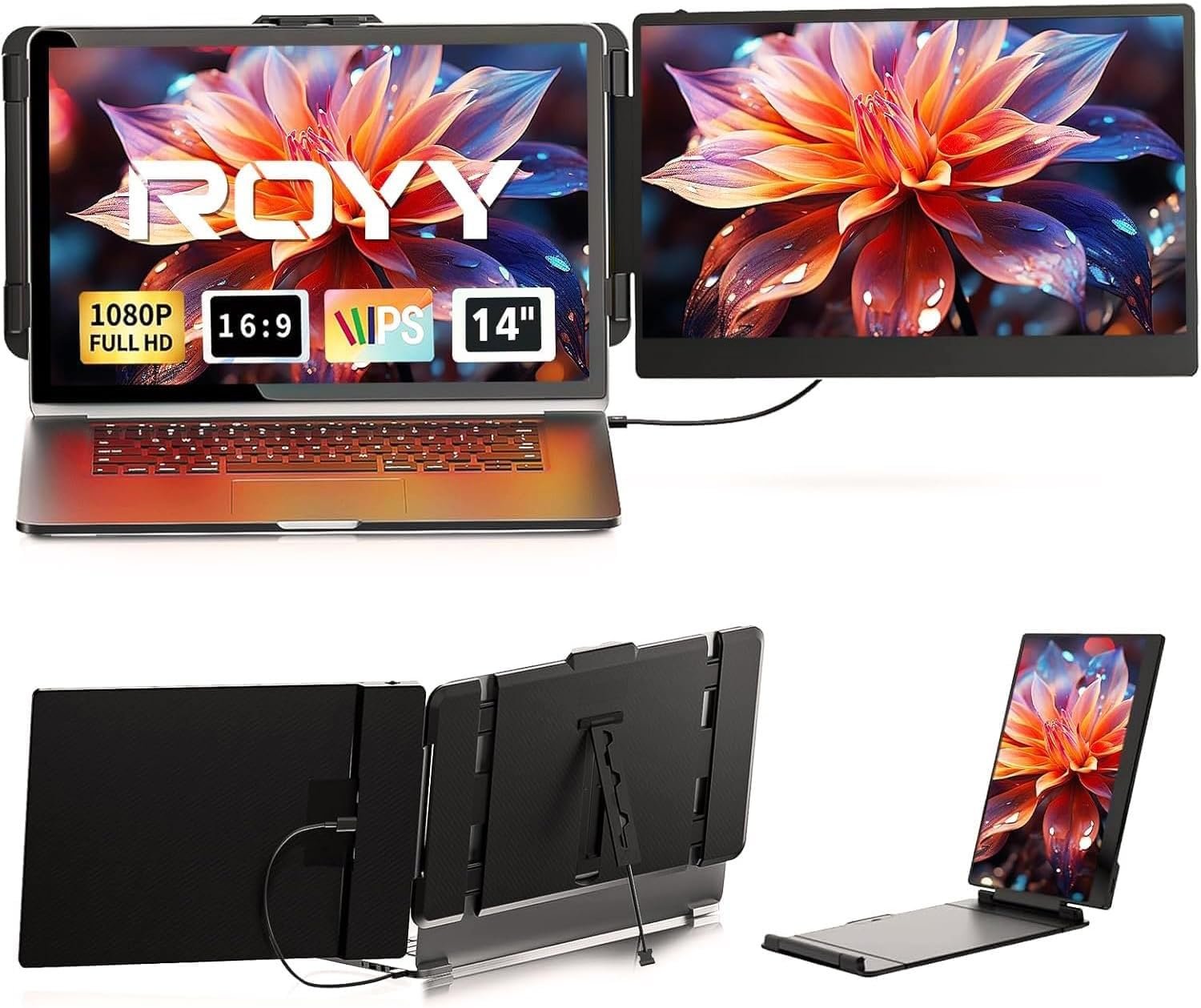 ROYY Laptop Screen Extender, 14″ Portable Laptop Monitor FHD 1080P IPS, 180° Rotation Dual Screen, One Cable Plug & Play, Extra Compatible with Windows/Mac/Android/Switch/PS Fits 13″-17″ Laptops