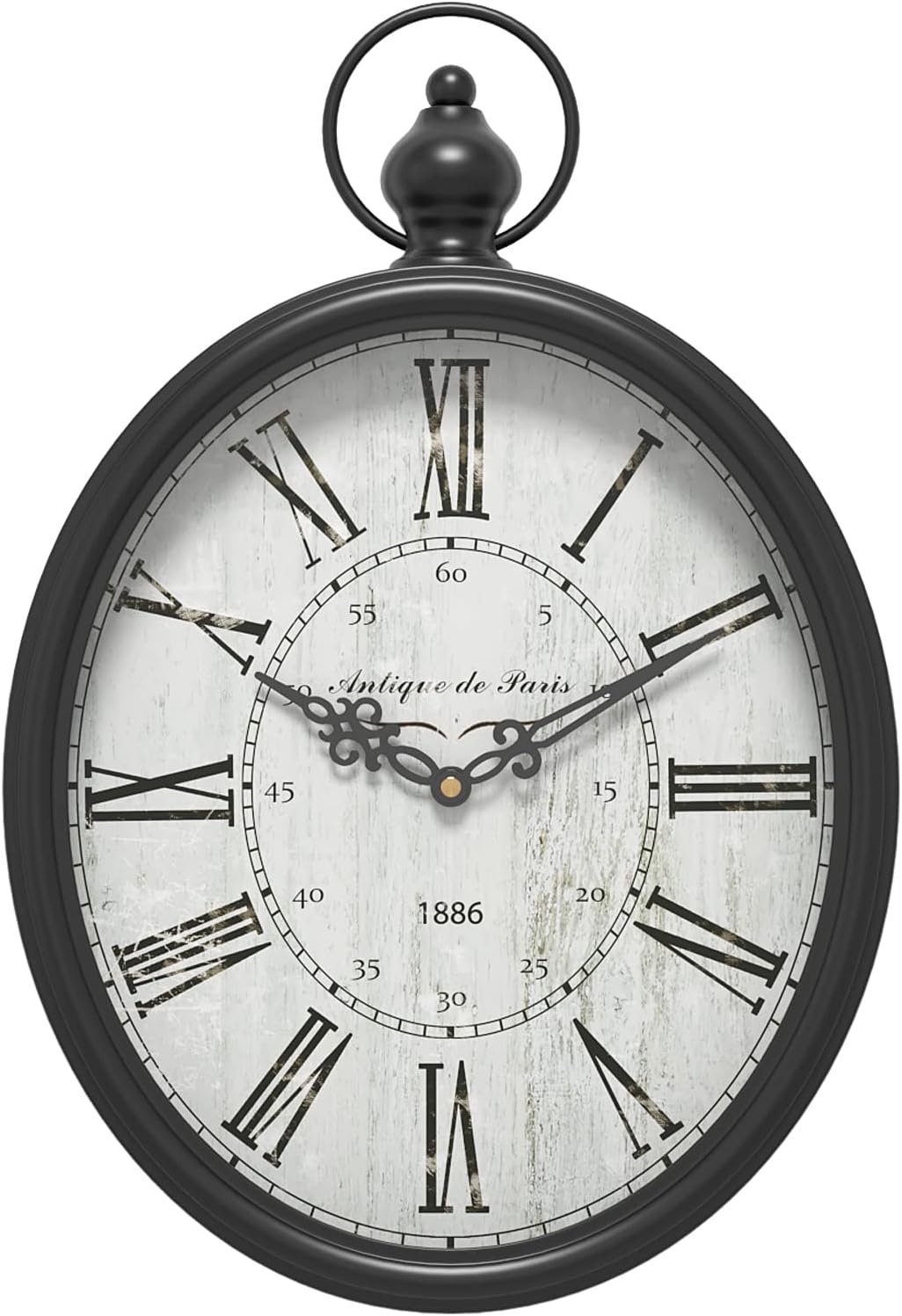 Menterry Oval Retro Wall Clock, Rustic Vintage Style, Black Antique Design, Battery Operated Silent Decor Large Wall Clocks for Kitchen,Farmhouse,Office (15.5″ H x 10.5″ W)