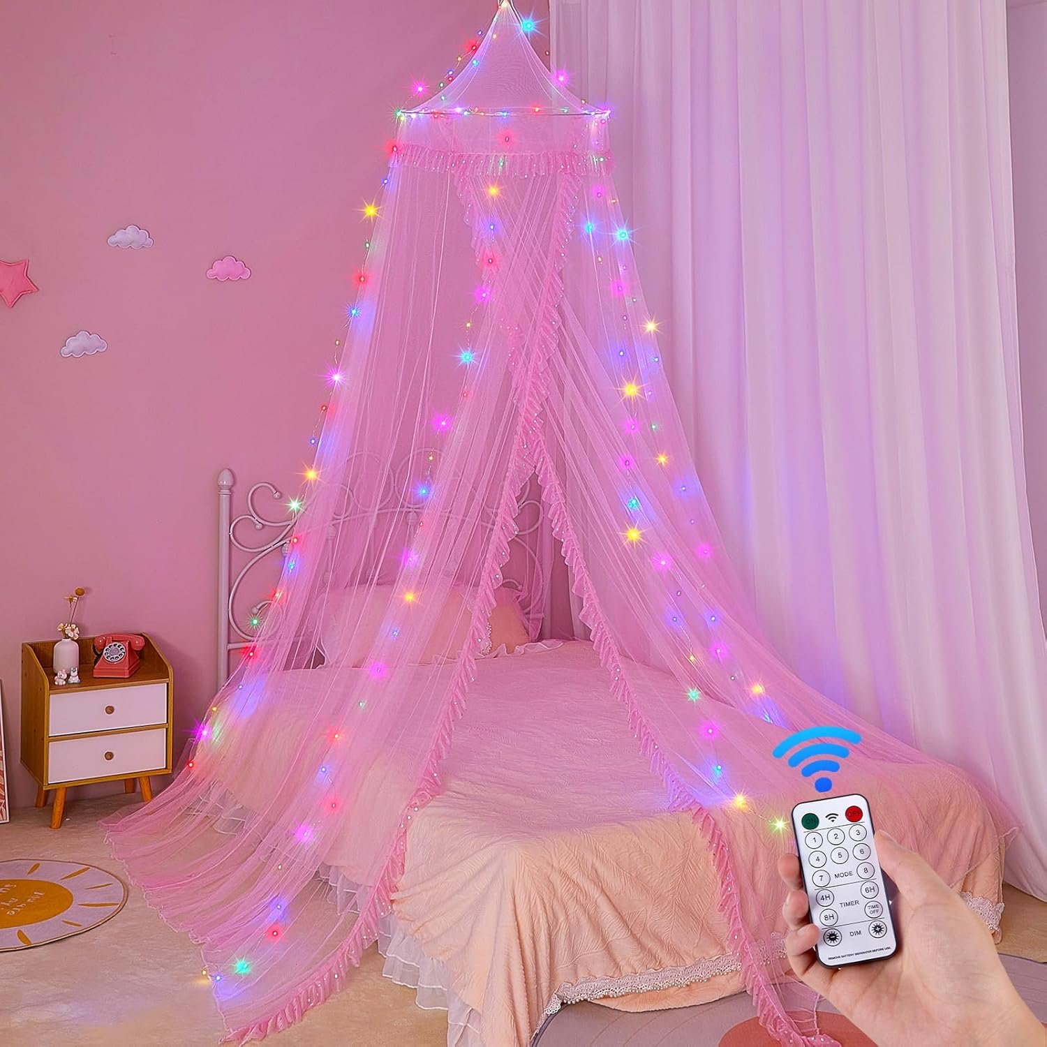 Unicorn Castle Bed Canopy for Girls with Remote Timer Breathable Canopy Bed Curtains with 8 Modes LED Lights Net Canopy for Bed for Girls Room Decor,Pink