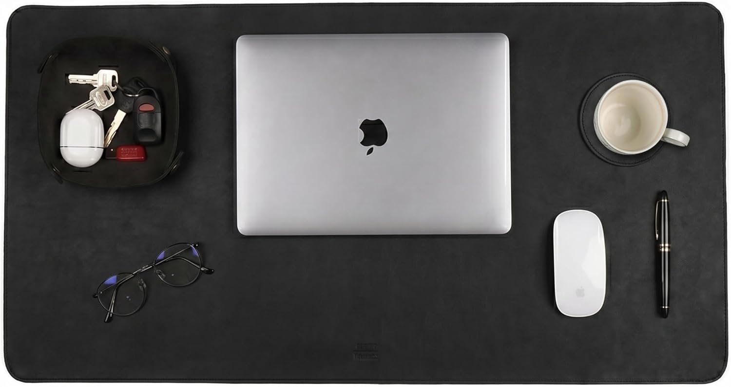 LEATHER VILLAGE Real Leather Desk Pad (3mm) Thick Double Layer Desk Mat Cover Blotter Large Full Grain Protector for Keyboard, Mouse & Laptop – Office Table Mat & Desktop Accessories–(32”x16”)-Black