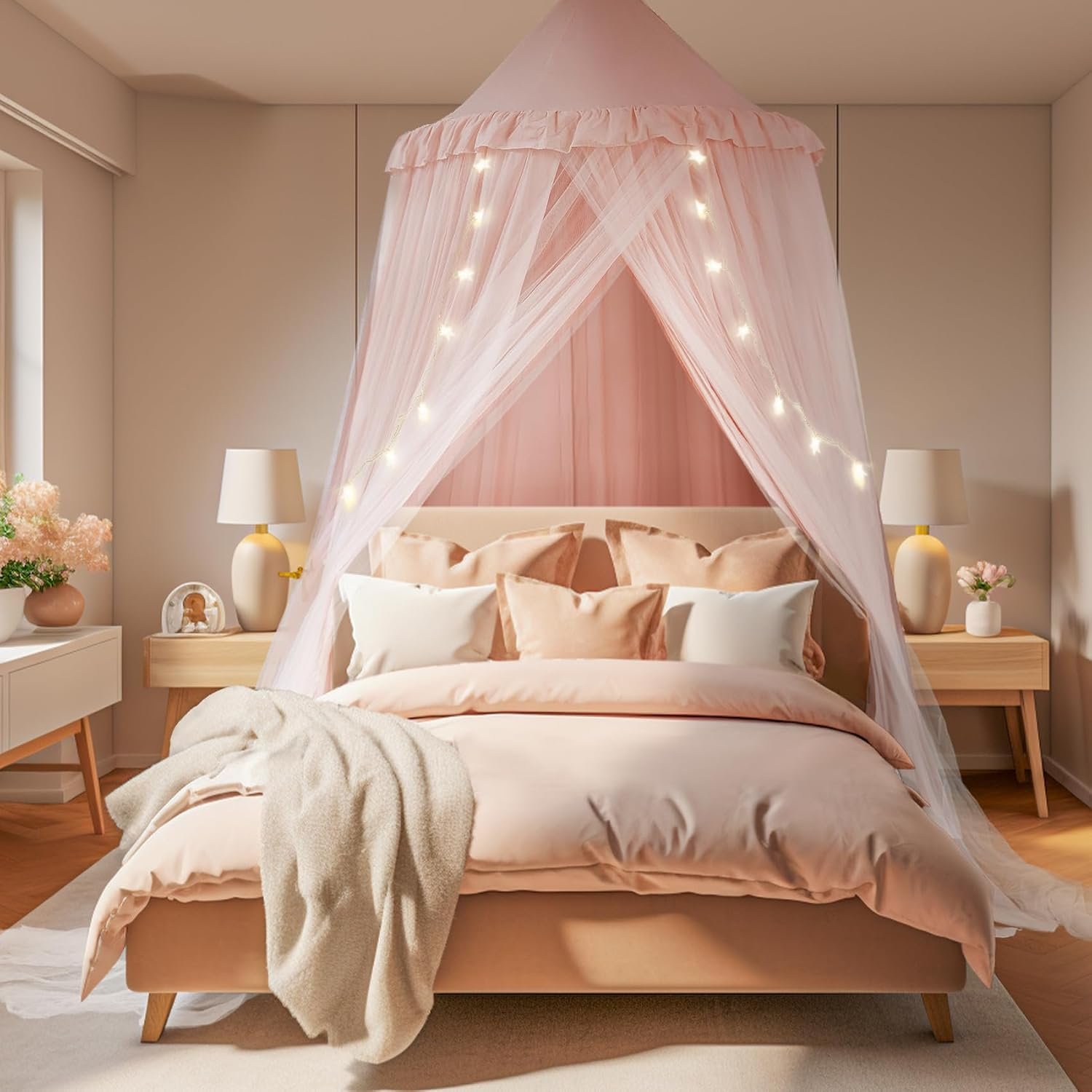little dove Large Bed Canopy with Star Lights, Double Layer Canopy for Bed, Princess Play Tent for Girls Room, Breathable Bed Curtain for Children Reading Nook, Machine Washable, 40”x 106”, Pink