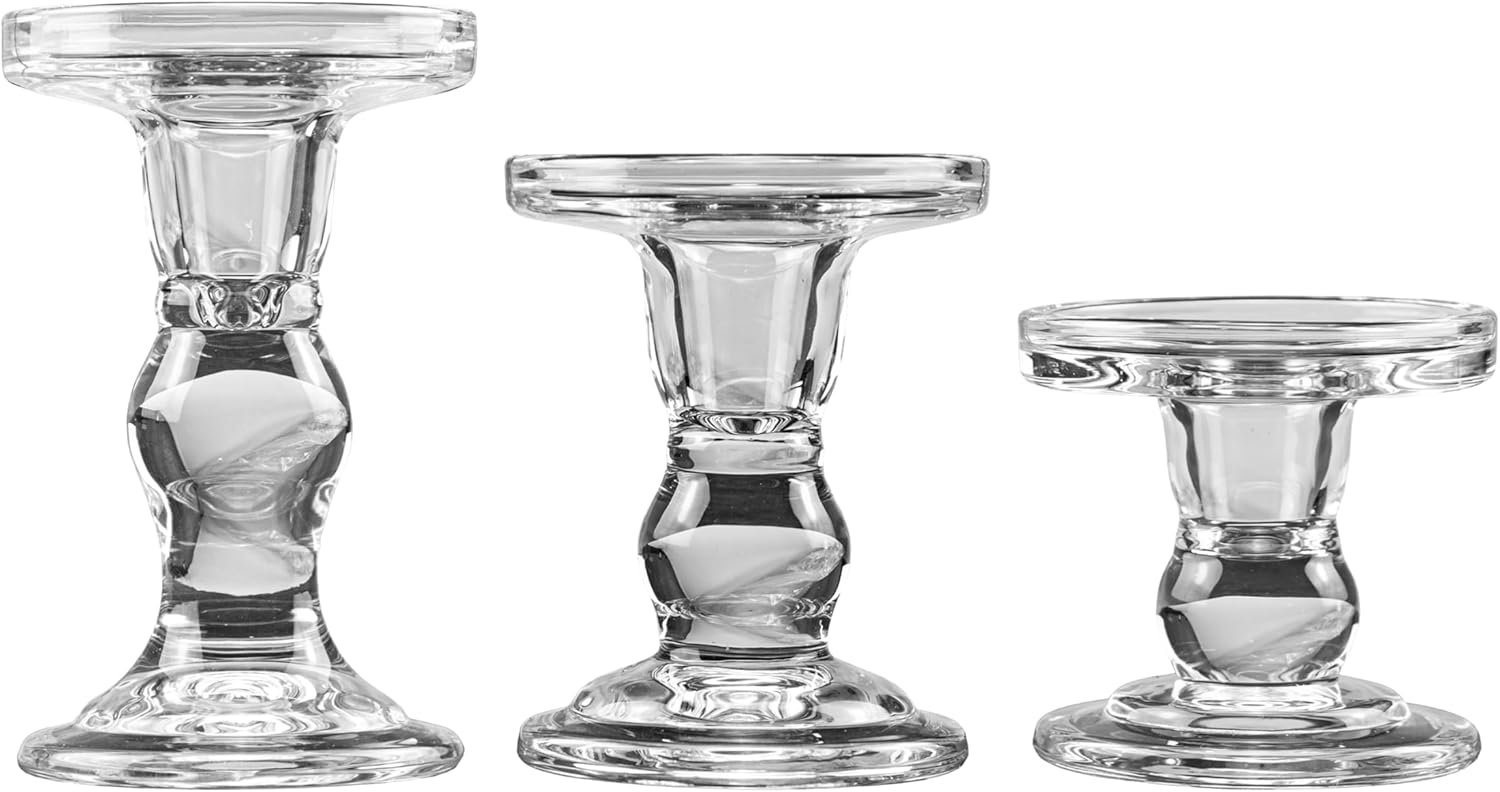 YAKii Clear Glass Candle Holder Set – Elegant Crystal Candlestick Holders for Pillar Taper Candles and Tea Lights – Perfect for Home Decor, Wedding, Christmas and Party – Set of 3