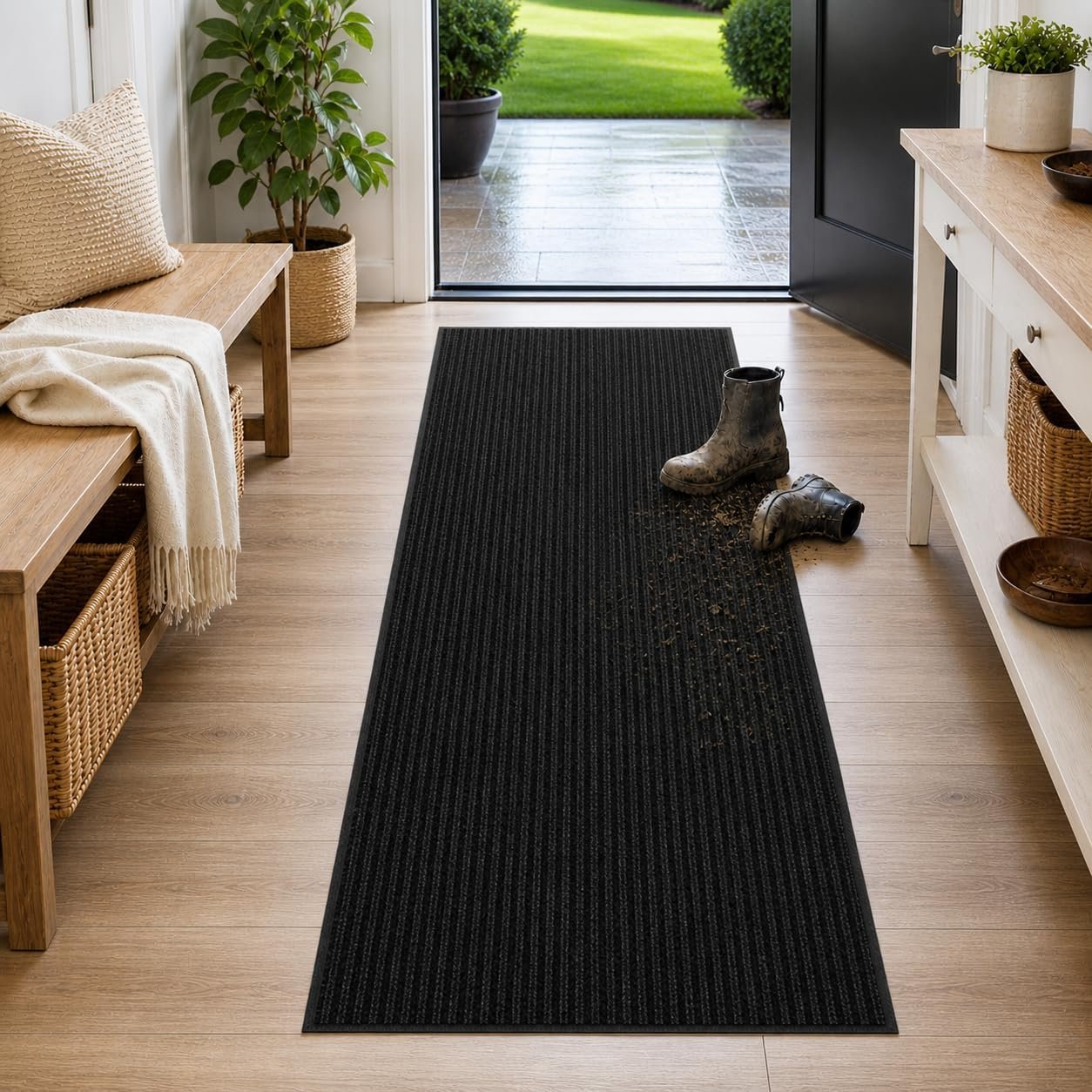 Ottomanson Hallway Runner Rug 2′ x 6′ Durable Non-Slip Mat with Scraper Pile for Indoor & Outdoor Use – Ideal for Kitchen, Entryway, Patio & Garage – High-Traffic Carpet, Black
