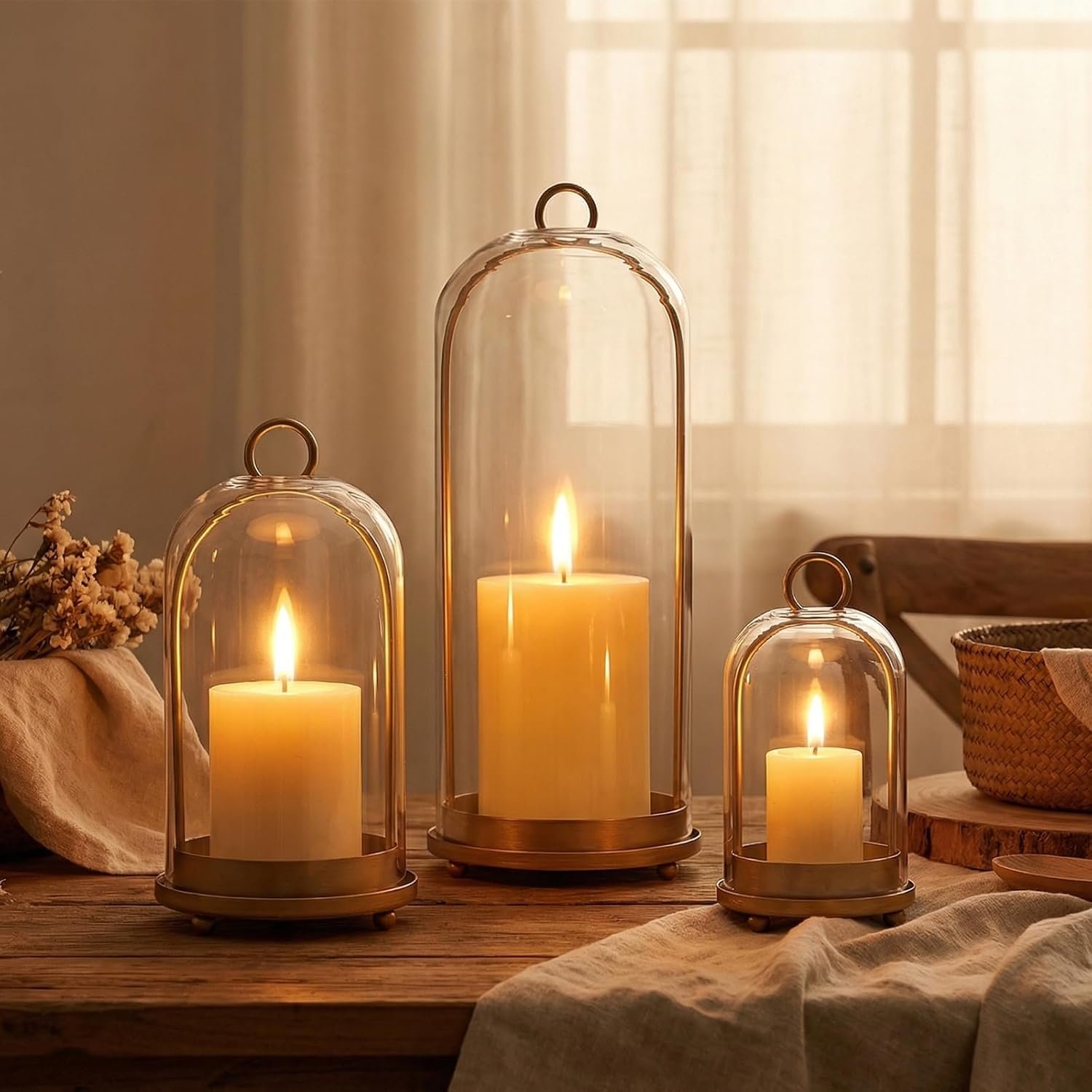 15″&9″&7″ Hurricane Glass Candle Holders Set of 3, Metal Candle Holder with Handmade Glass Dome in Brass, Hanging Versatile Hurricane Glass Candle Holders for Pillar Candles (Candles Not Including)