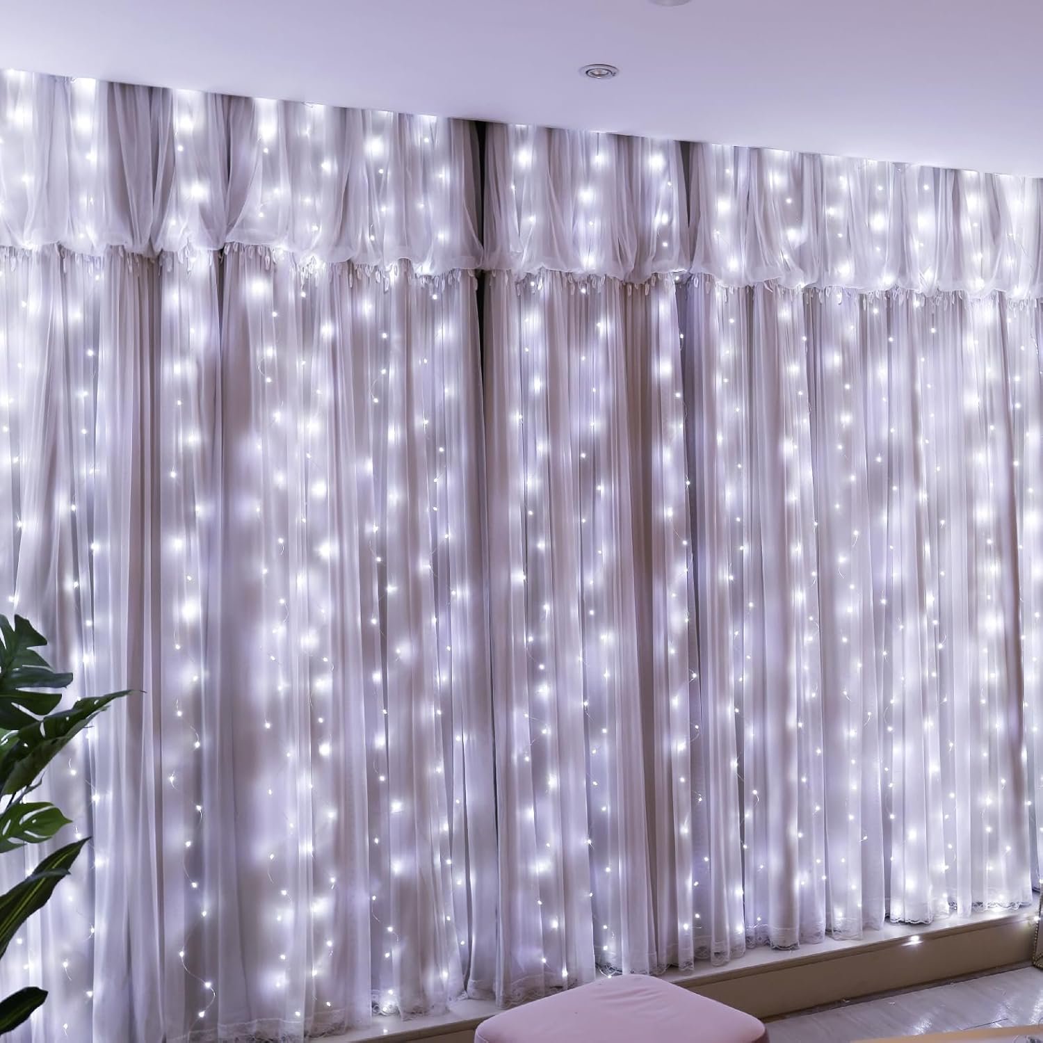 HXWEIYE 300LED Fairy Curtain Lights, 9.8×9.8Ft USB Plug-in 8 Modes Christmas String Hanging Lights with Remote for Bedroom Backdrop Wedding Indoor Wall Decor, White, Standard – 1 Pack