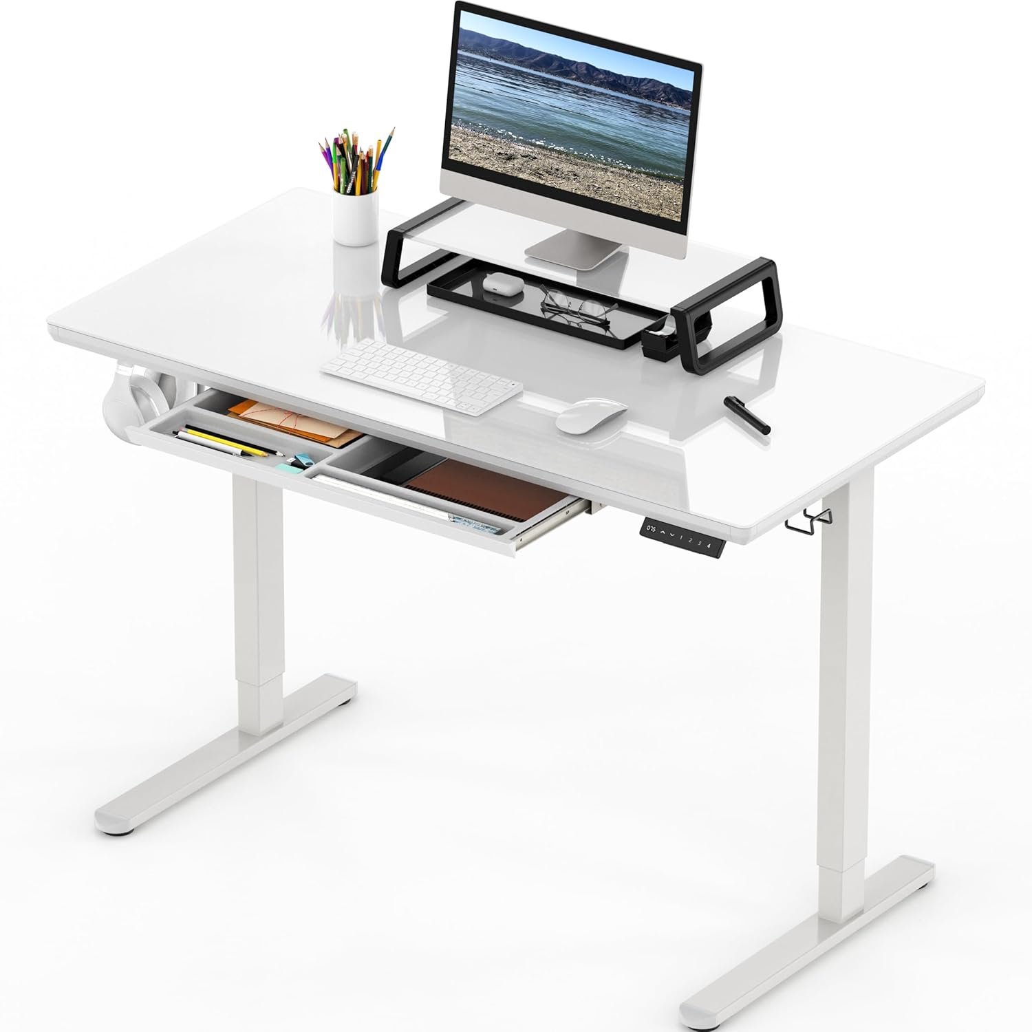 SHW 48×24 Glass Electric Height Adjustable Standing Desk – Motorized Sit Stand Desk with Monitor Riser, Pull-Out Drawer, Memory Presets, White