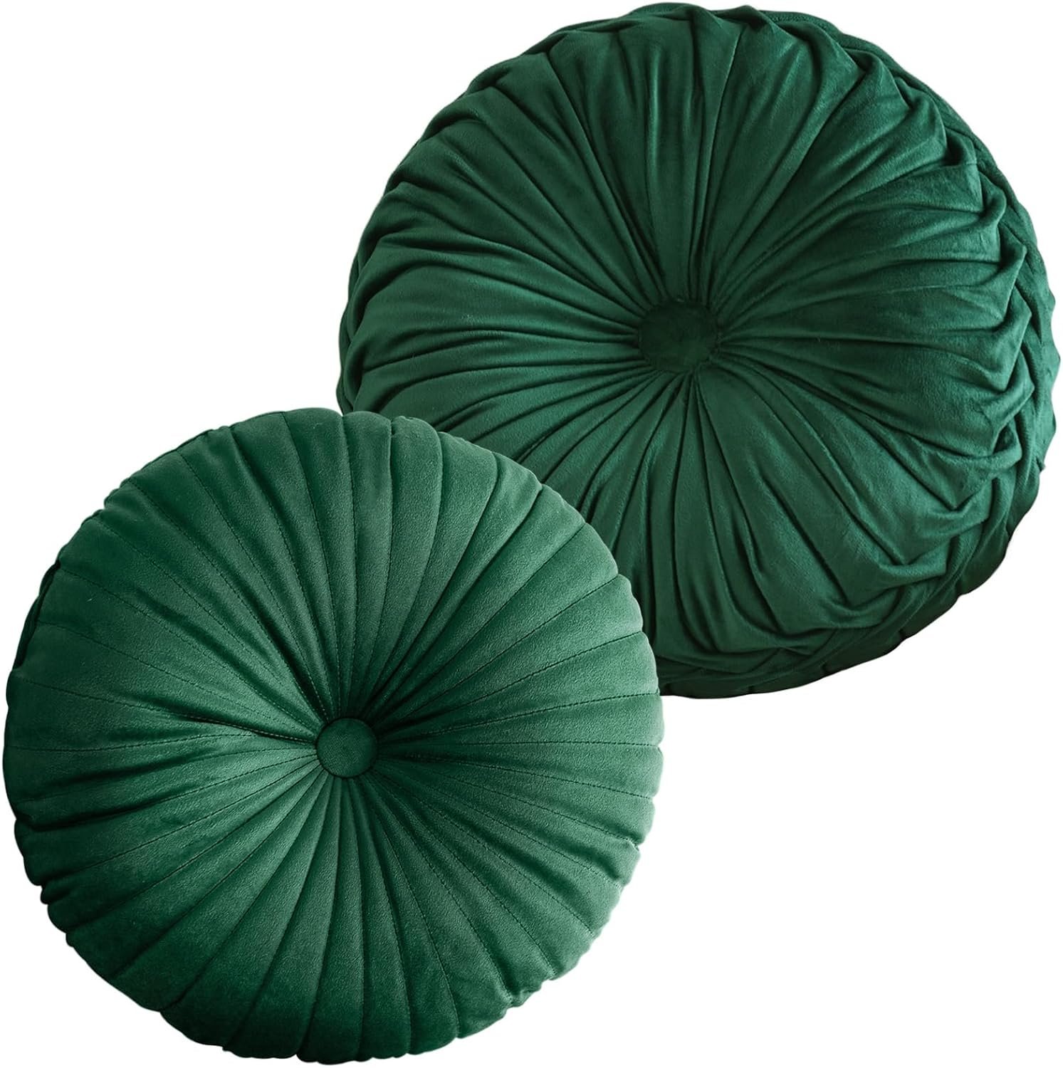 Teieas 2 Pcs Round Throw Pillows Pleated Velvet Pumpkin Round Pillows Floor Cushion for Living Room Couch Chair Bed Sofa 15.7″x15.7″/13.8″ x 13.8″ (Emerald)