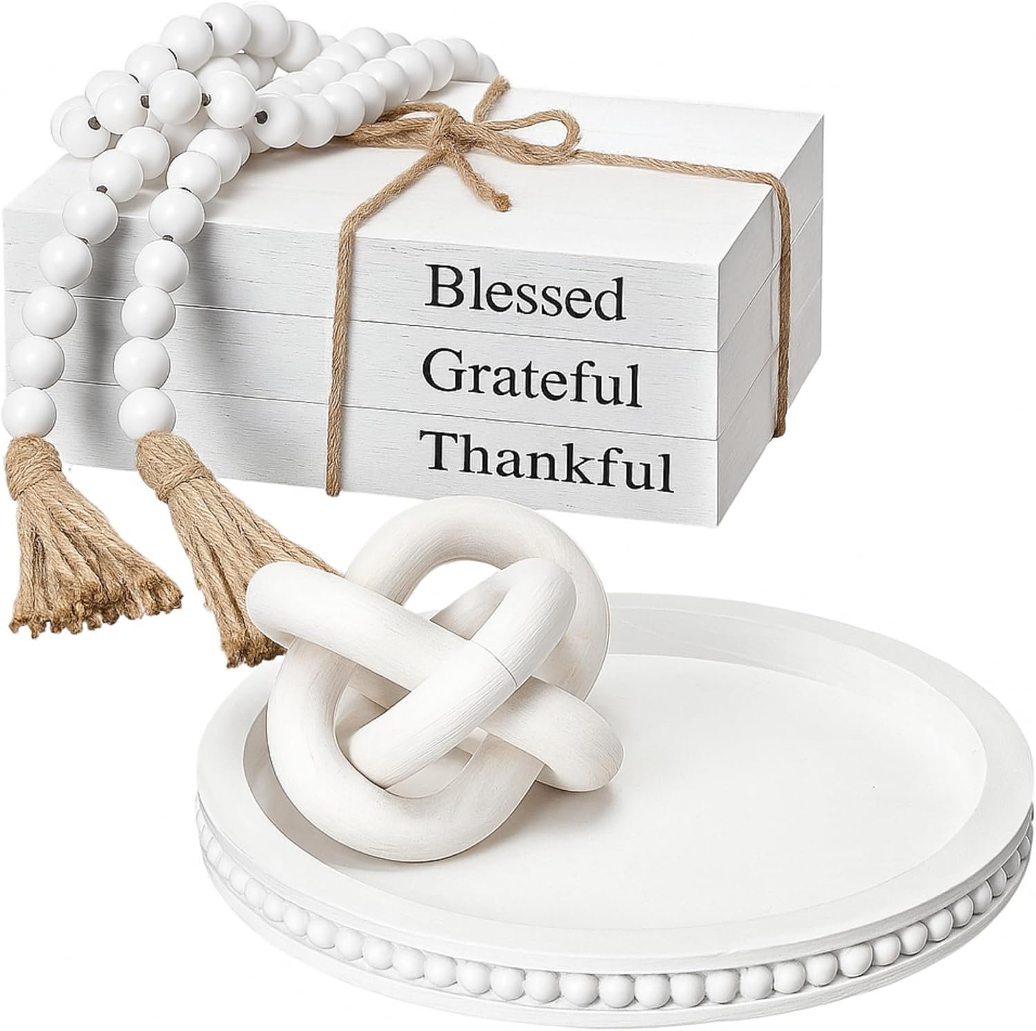 GlikCeil 6 Pcs Rustic Wooden Coffee Table Tray Decoration Set, Round Beaded Tray Wood Chain Bead Garland with Tassels and 3 Decorative Books for Farmhouse Living Room Home Decor(Thankful,White)