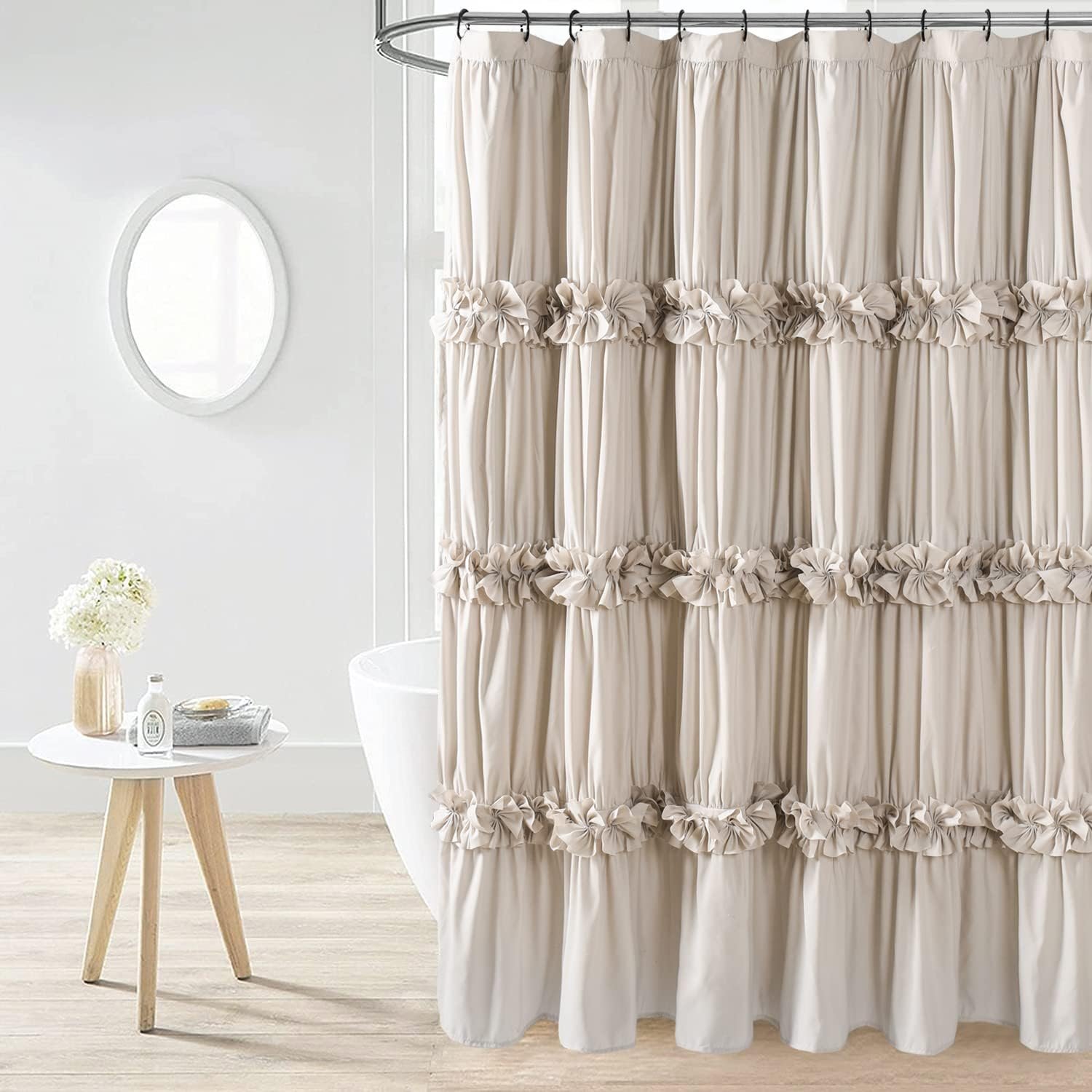 Homechoice Decor Camel Ruffle Shower Curtain, Vintage Handcrafted Bow Tie Ruched Microfiber Bath Curtain for Master Bathroom with 12 Buttonholes, 72″ W x 72″ H (LQ-10)