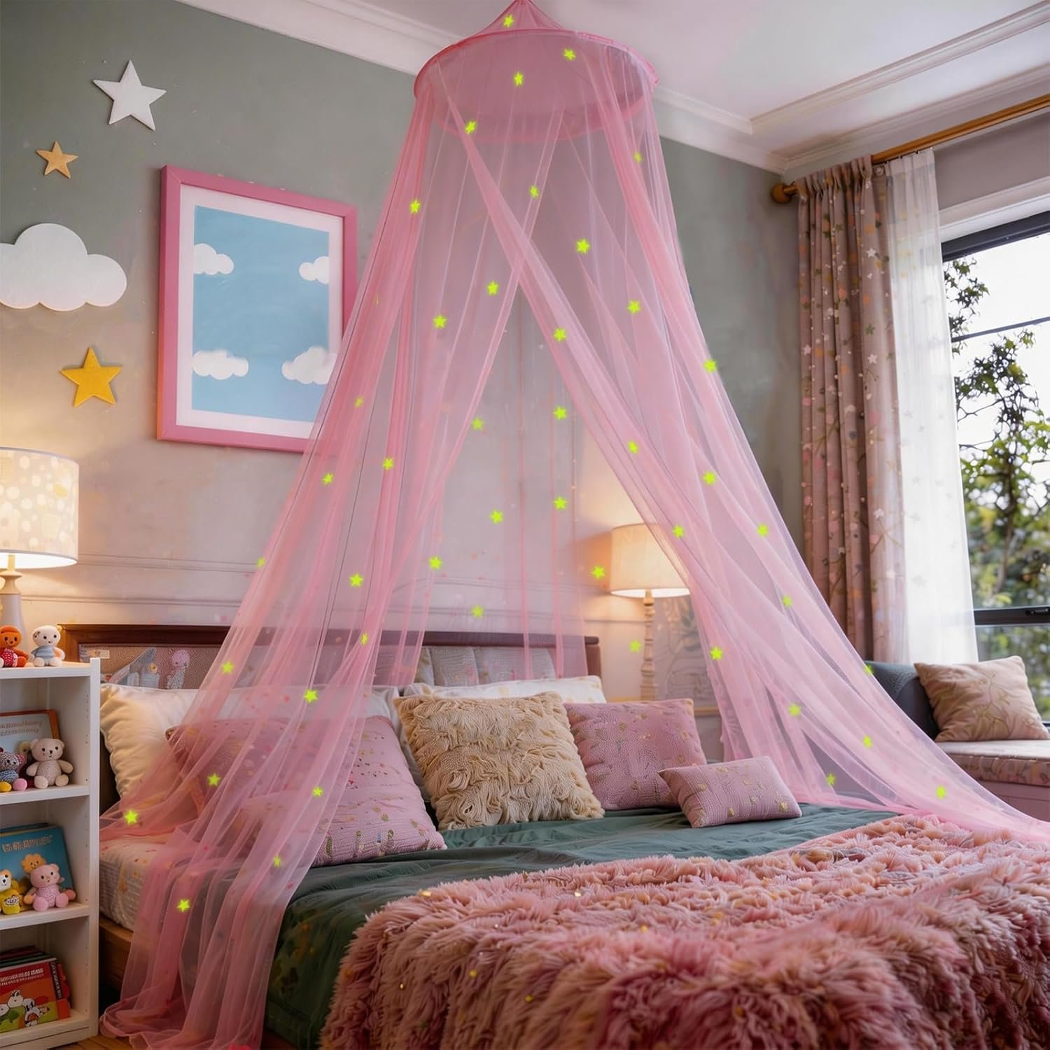 Princess Pink Bed Canopy with Glowing Stars Canopy Bed for Girls Room Decor Dreamy Curtains Sheer for Twin, Full, Queen Size Mosquito Netting for Bedroom Accessories