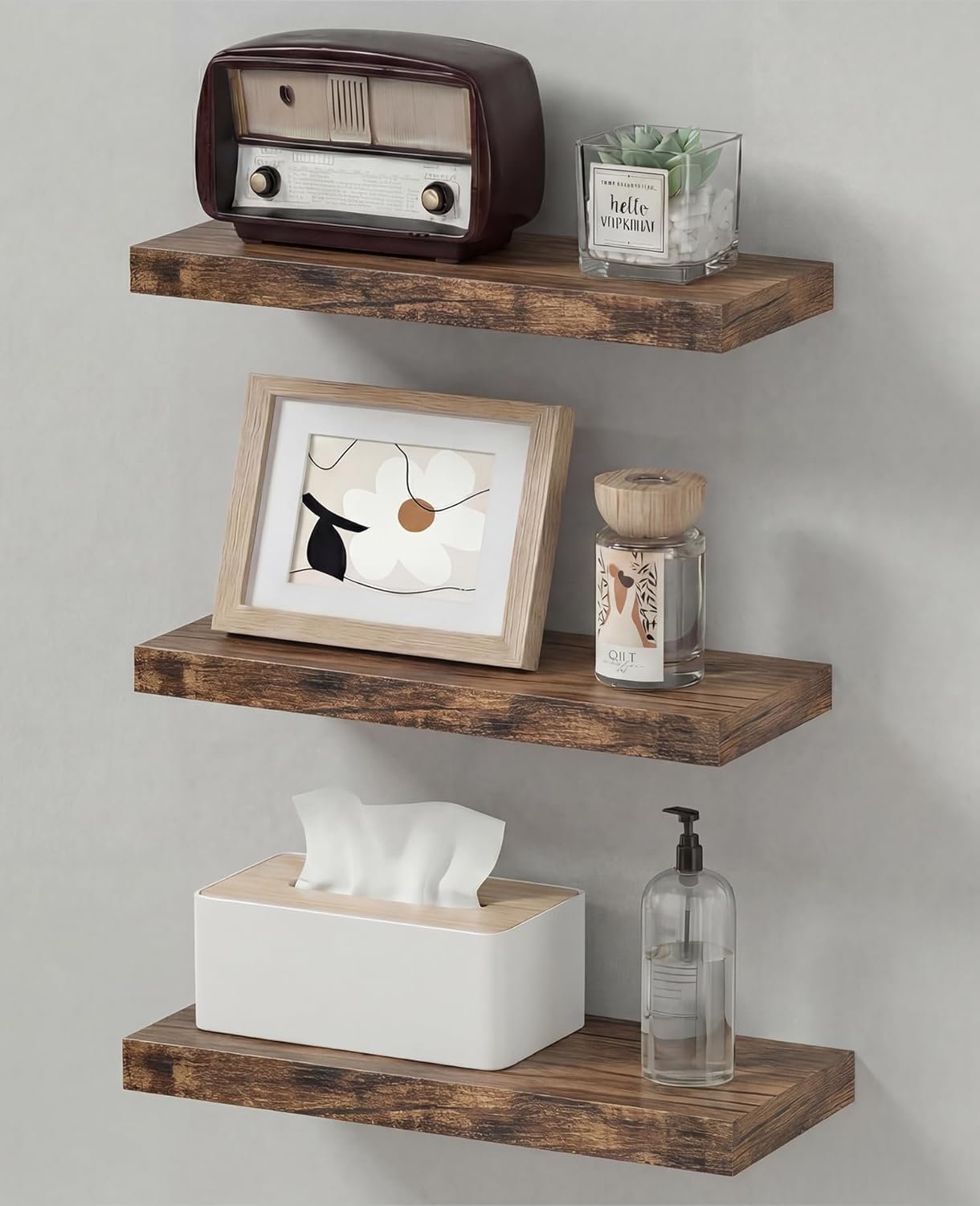 Easy Install Floating Shelves, 15.7 Inch Wall Mounted Wooden Shelf, Small Hanging Shelf for Home Decor, Books and Storage, Organizer for Bedroom, Bathroom, Kitchen, Set of 3, Vintage Brown