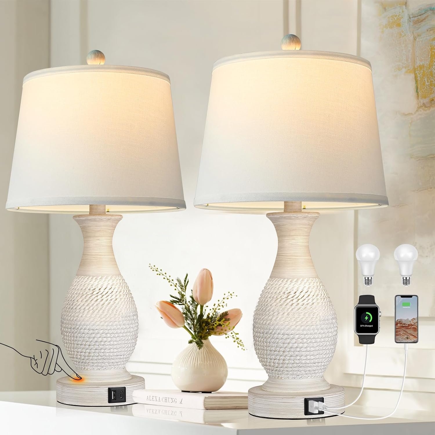 PARTPHONER Table Lamps Set of 2, Bedside Touch Lamp with USB C+A Charging Ports, Side Table Lamp with White Fabric Shade (LED Bulbs Included)
