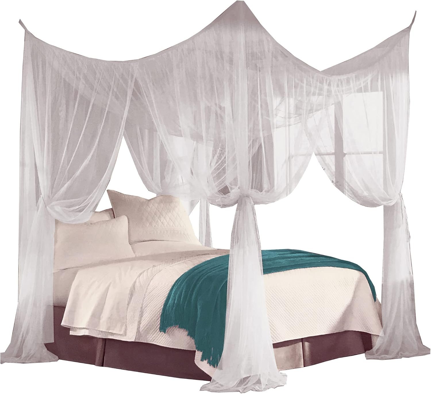 Just Relax Four Corner Post Decorative Elegant Bed Net Canopy Set, White, Full/Queen/King, 86.6×78.7×98.4 Inches