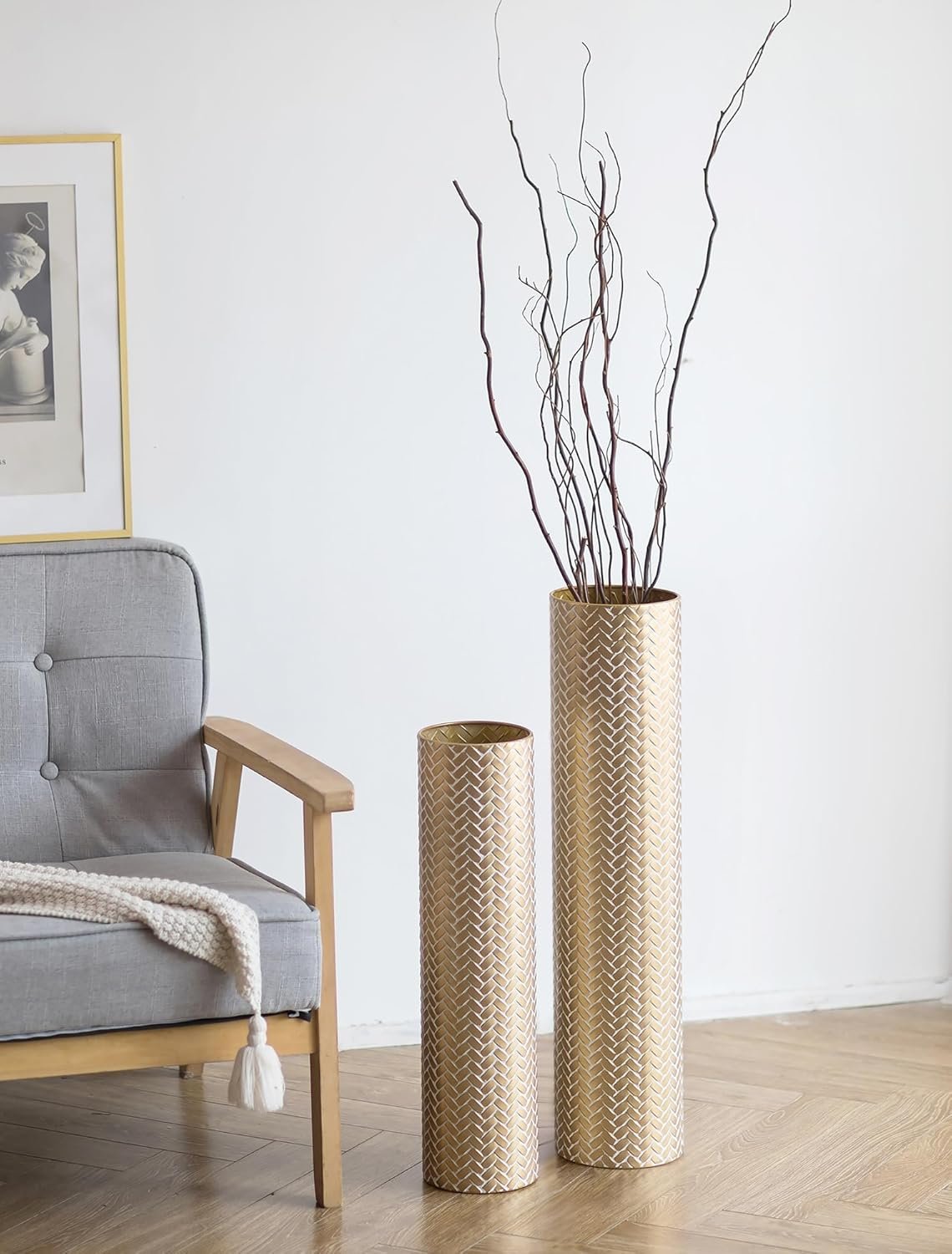 Sziqiqi Tall Gold Floor Vase: Set of 2 Woven Texture Metal Cylinder Vases Extra Large Decorative Standing Vase – 27.6/21.7in Vintage Vases Home Decor for Living Room Bedroom Home Corner Indoor Office
