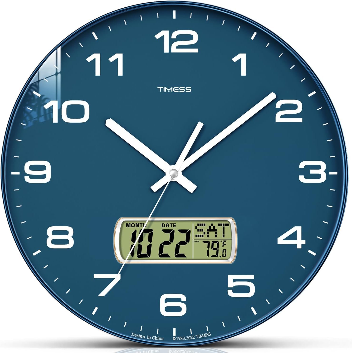 TIMESS Wall Clock, 12″ Dial Non-Ticking Silent Battery Operated Analog with LCD Display for Perpetual Calendar and F° Temperature, Ideal Modern Home, Bedroom, Kitchen, Office Decor (Blue)
