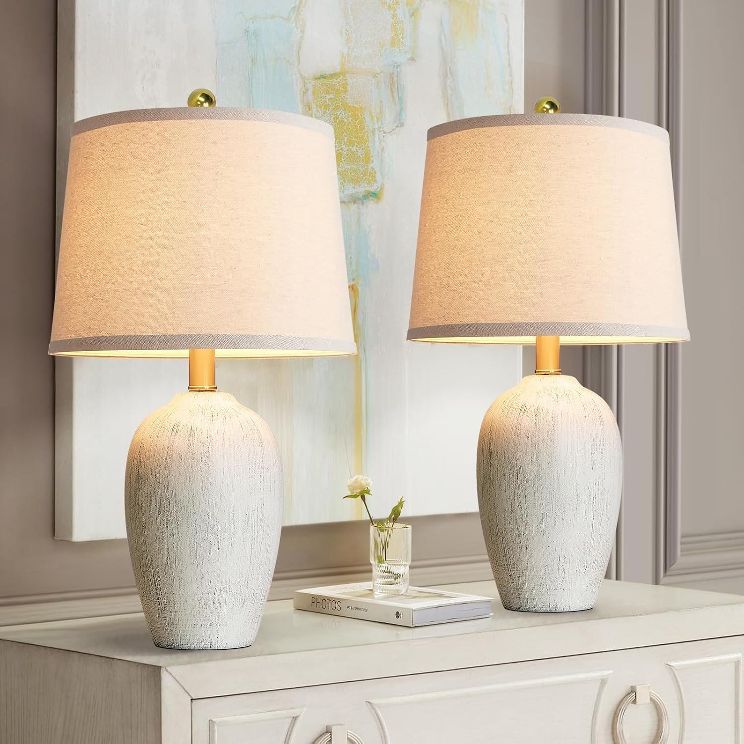 AIEAMPDO 21” Set of 2 Rustic Ceramic Small Table Lamps for Living Room Bedroom, Farmhouse Vintage Nightstand Lamps for Office Entryway End Table, 2 Bulbs Included