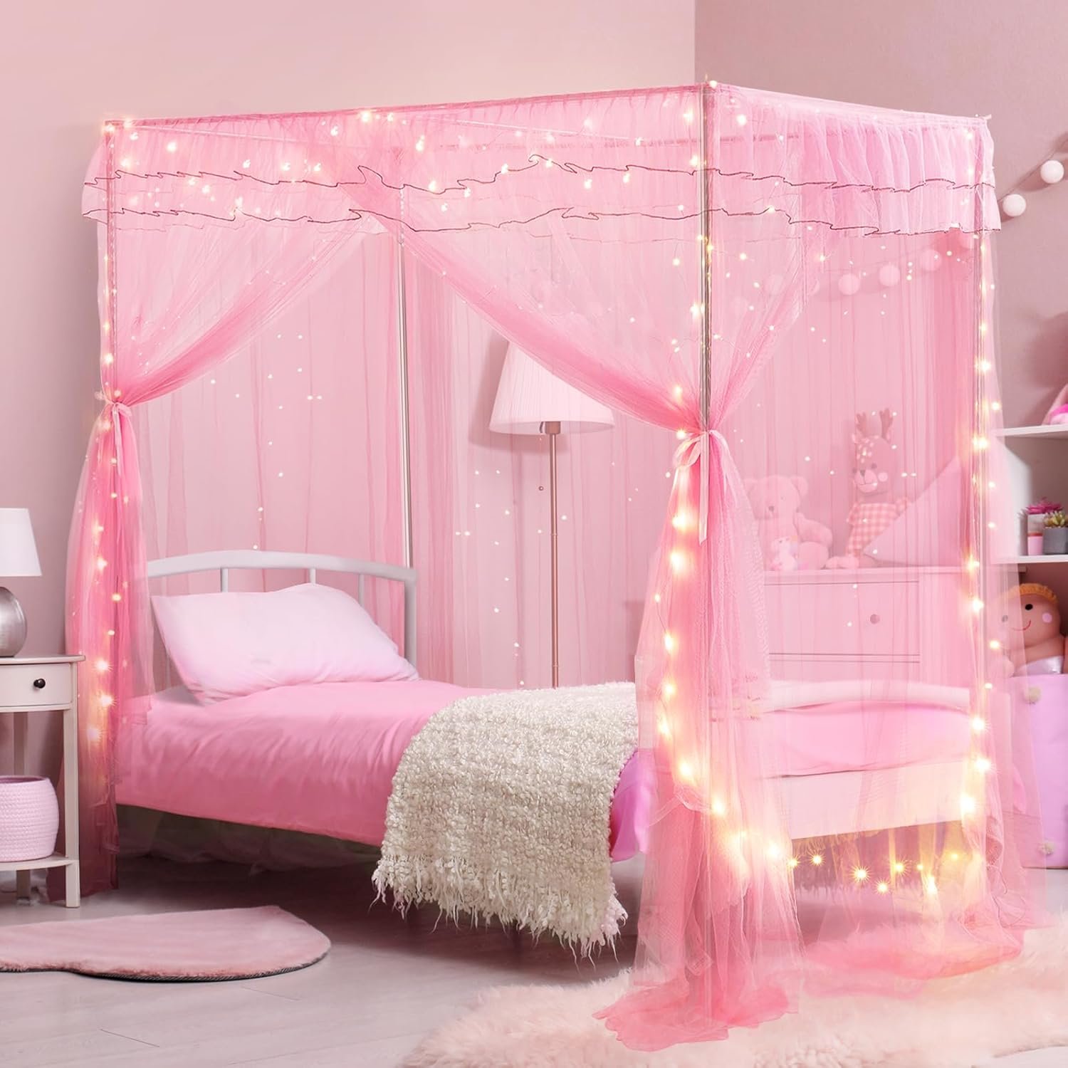 Twin Size Bed Canopy with Lights, Bed Canopy for Girls Princess with Luminous Stars, Canopy Bed Curtains for Twin Bed Kids Indoor Decor Bedroom, 4 Corner Post Bed Bunk Canopy, Pink (Not Frame)