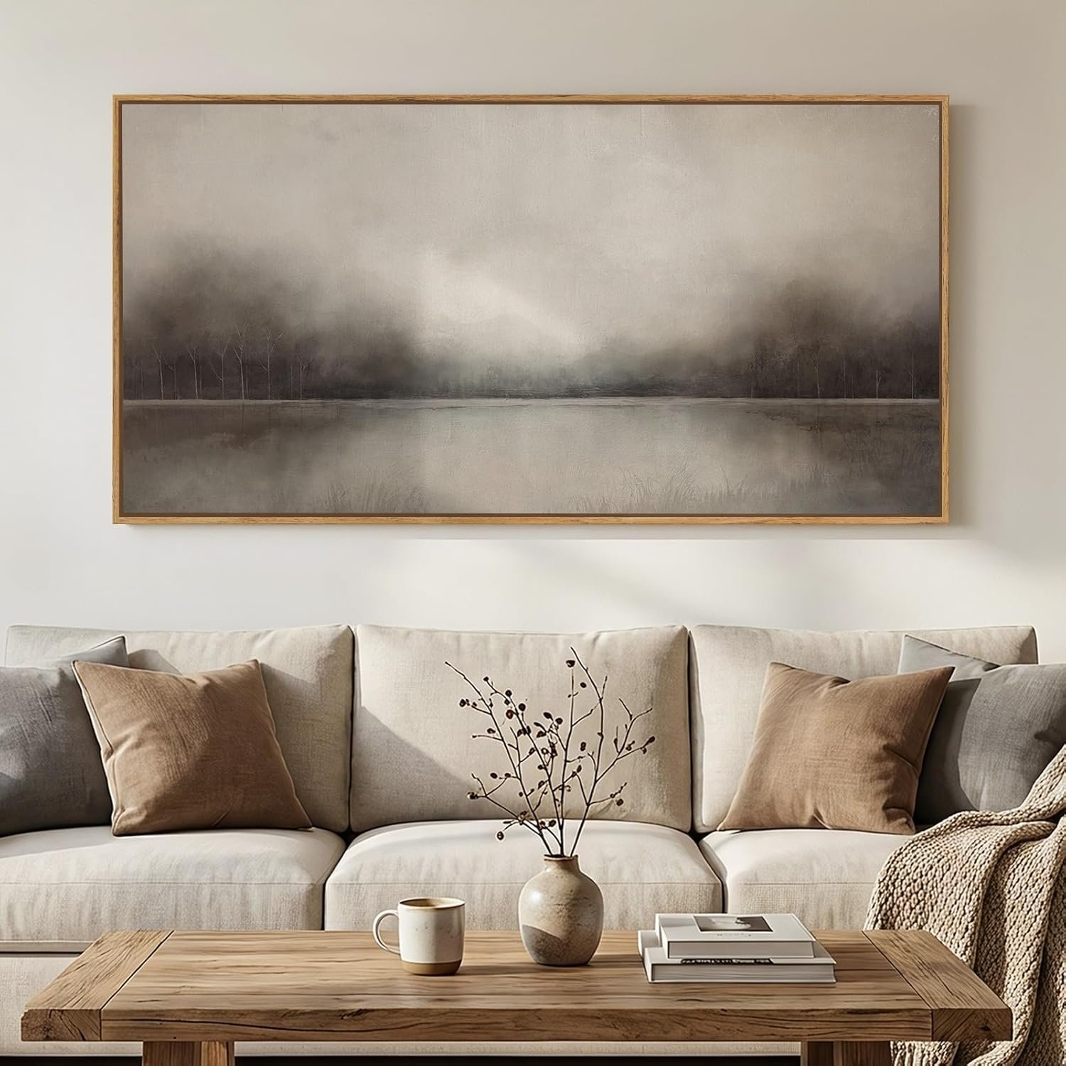 Large Framed Rustic Canvas Wall Art for Living Room, Neutral Abstract Nature Modern Prints Paintings Artwork for Walls, Horizontal Lake Landscape Pictures Wall Decor for Bedroom and Office, 30×60 In
