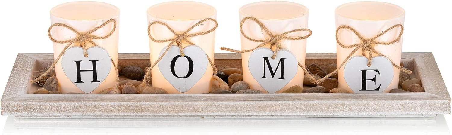 Romadedi Farmhouse Centerpiece Candle Holder Decor – Rustic Wooden Tray with 4 Glass Tealight Candles Holders for Coffee Table Home Decorations Living Room Fireplace Kitchen Housewarming Gifts