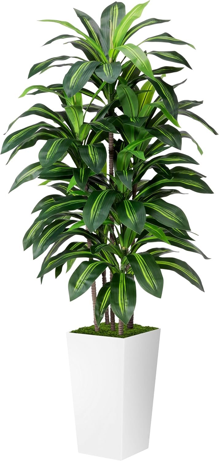 Artificial Dracaena Plant Indoor 5FT – Fake Tree with White Tall Planter – Faux Yucca Tall Fake Floor Plant in Pot – Artificial Trees for Home Office Living Room Decor Indoor