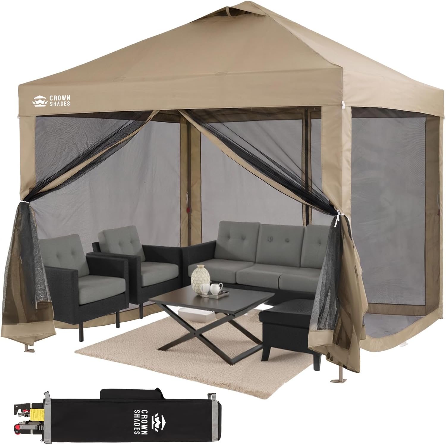 CROWN SHADES Gazebo 10×10 Pop Up Canopy with Mosquito Netting, Screen Tent with 4 Ropes, 8 Stakes, 4 Sandbags and Wheeled Storage Bag, Canopy for Patio & Backyard Parties,Camping&Events -(Beige)