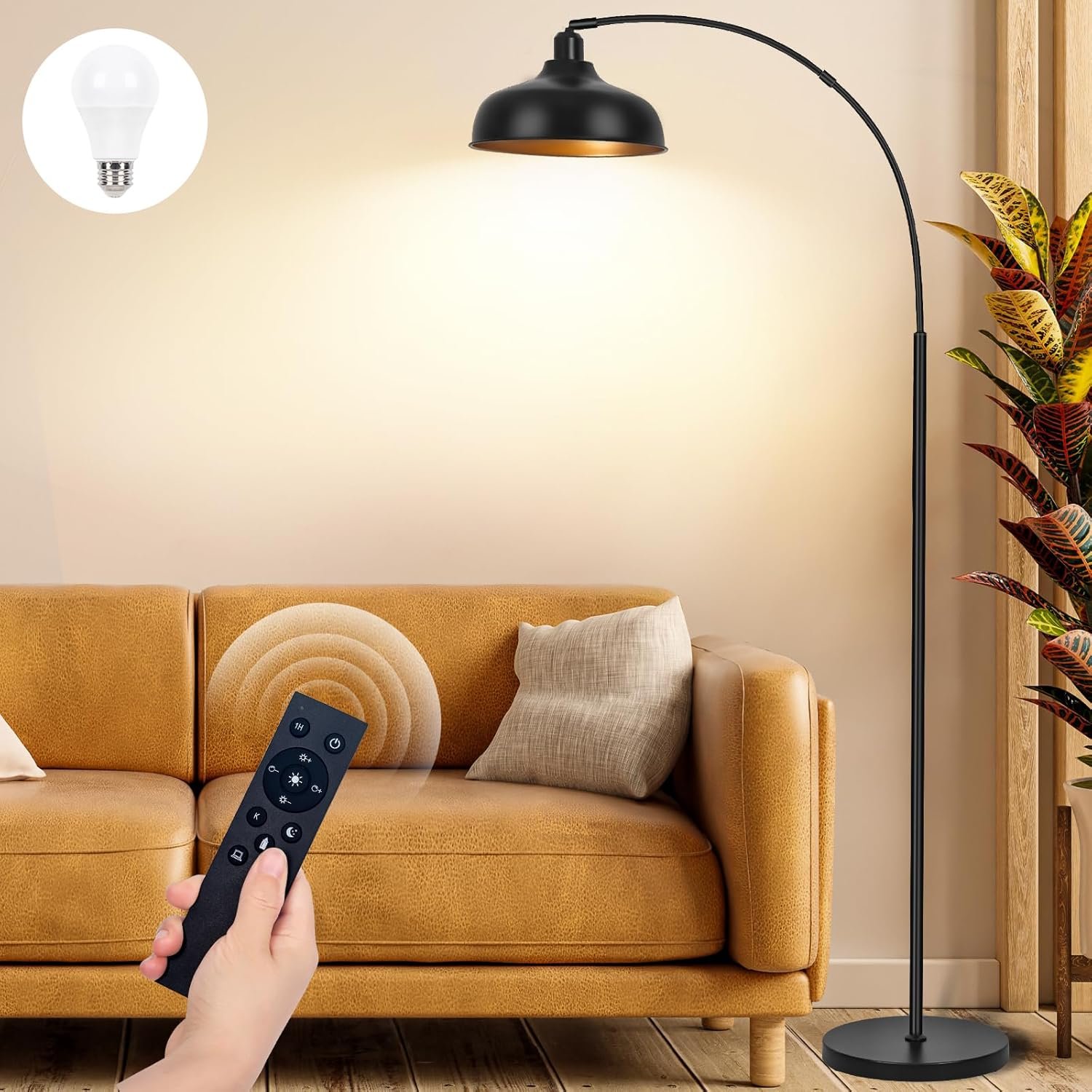 Arch Floor Lamps with Remote – Dimmable Floor Lamp 70”, Black Tall Lamp with 360° Adjustable Hanging Metal Shade, Arc Lamps Floor Standing with 9W Bulb, Over Couch Lamps for Living Room, Foot Switch