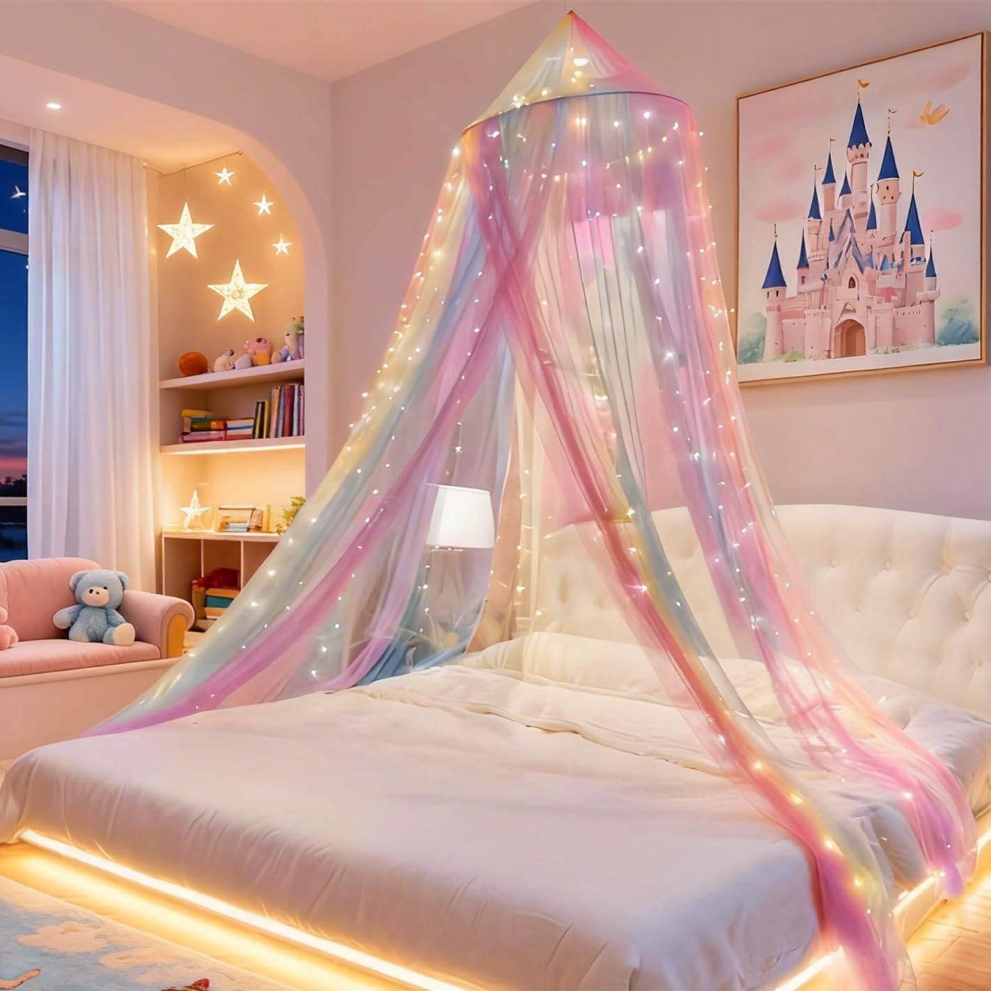 Rainbow Bed Canopy Mosquito Net, Princess Bed Canopy for Girls Room Decor or Unicorn Theme Party(Rainbow,with 250pcs Warm Lights)