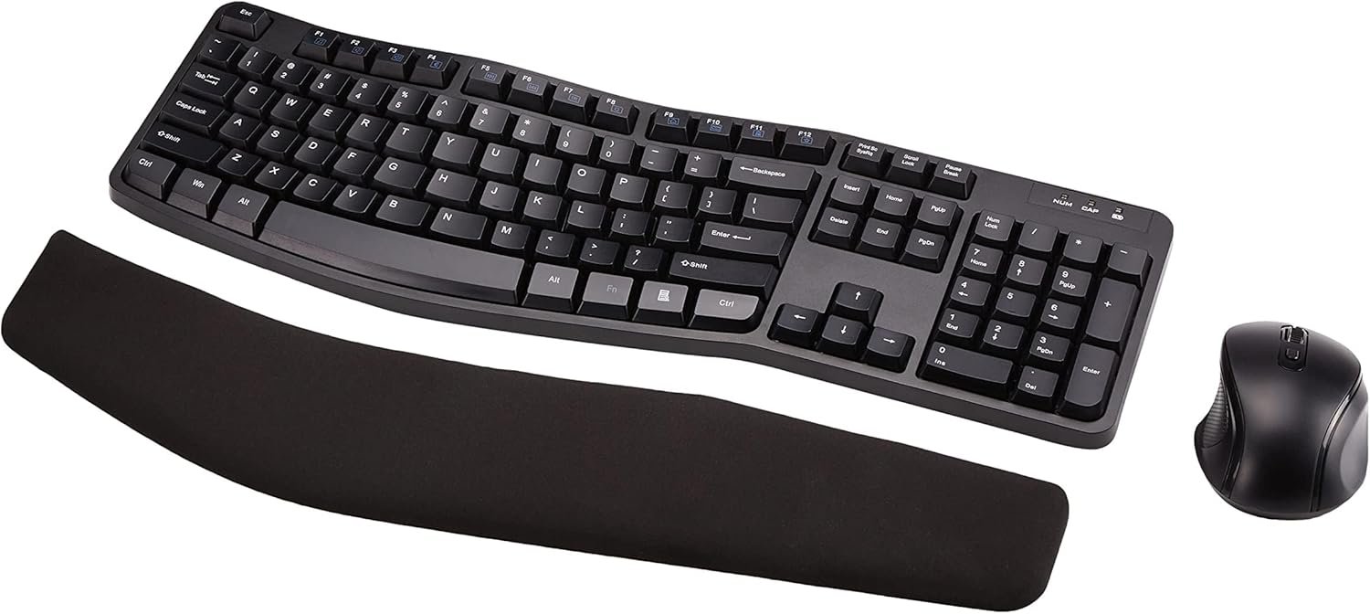 Amazon Basics Ergonomic Wireless Keyboard and Mouse Combo with Wrist Rest, Plug and Play, 2.4 GHz USB, Easy to Use, Black