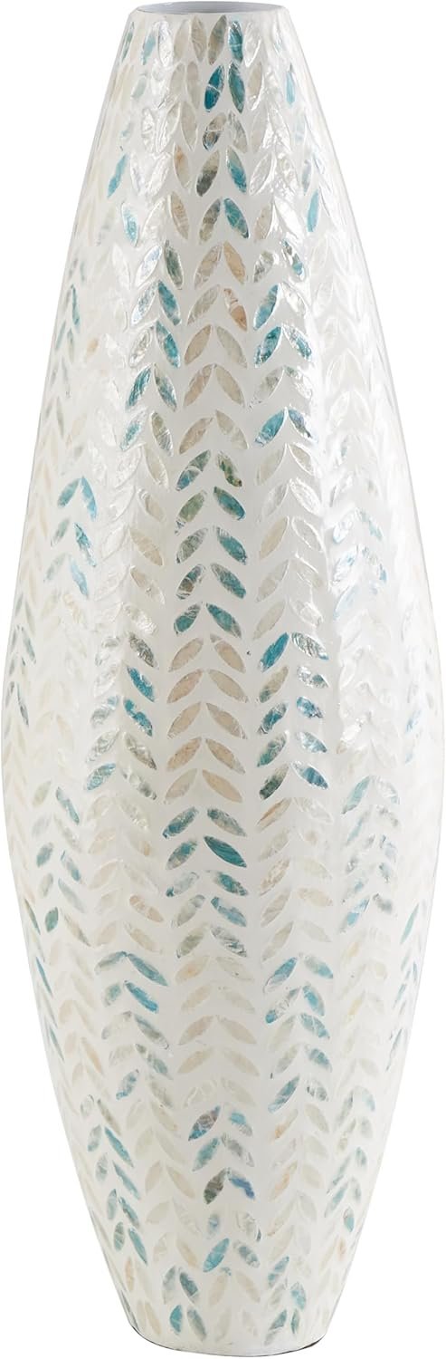 Deco 79 Mother of Pearl Shell Handmade Decorative Vase Tall Mosaic Centerpiece Vase with Blue Accents, Flower Vase for Home Decoration 10″ x 10″ x 33″, Cream