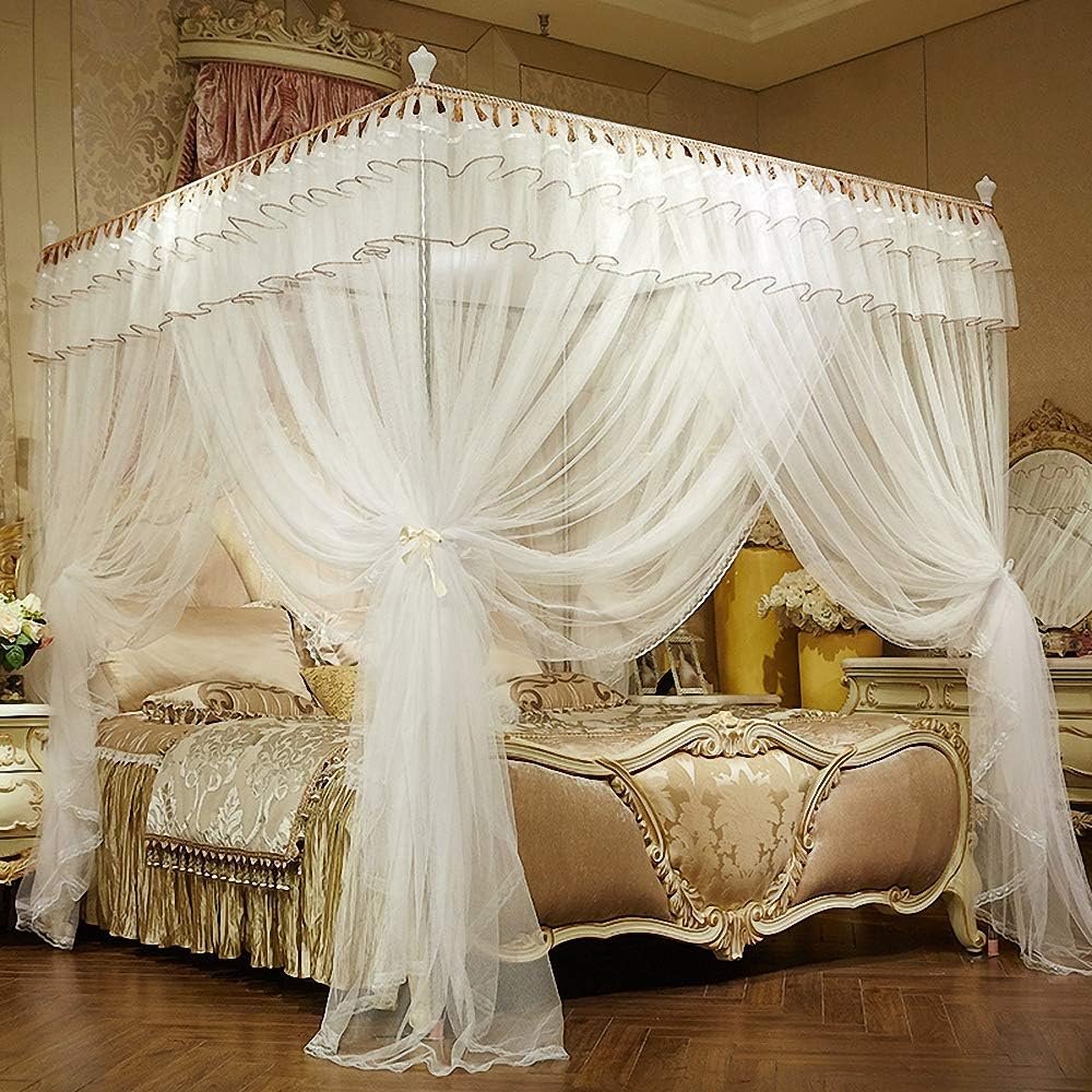 Luxury Bed Curtains Canopy, Ruffle Tassel 4 Corner Post Canopy Netting, Bed Canopy for Girls Kids Adult, Bedding Décor (Queen, White)