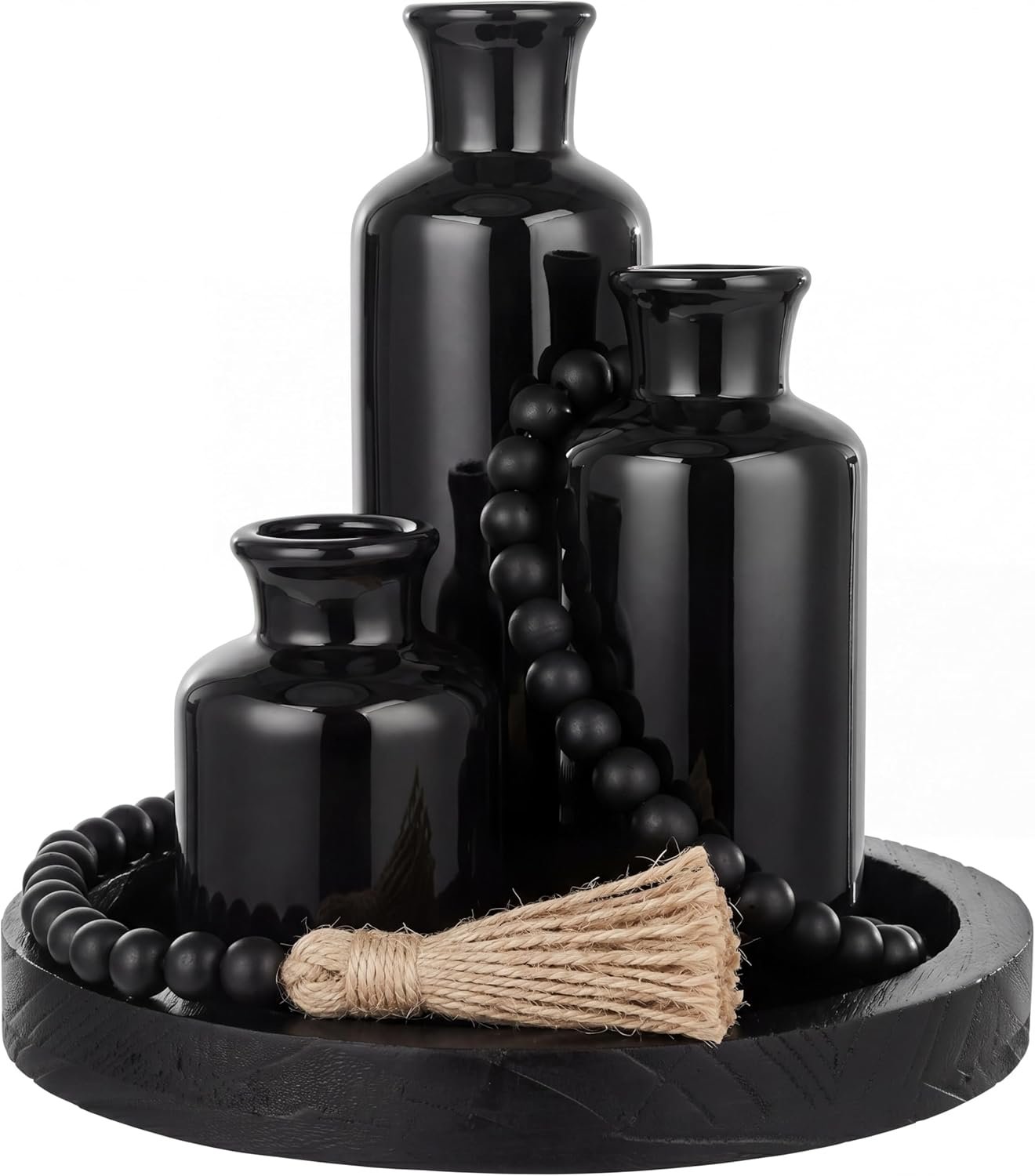 5 Pcs Rustic Tabletop Centerpieces Decor Set of 3 Boho Ceramic Vases with Wooden Serving Tray Wood Bead Garland Tassels Table Holder for Home Decorations (Black)