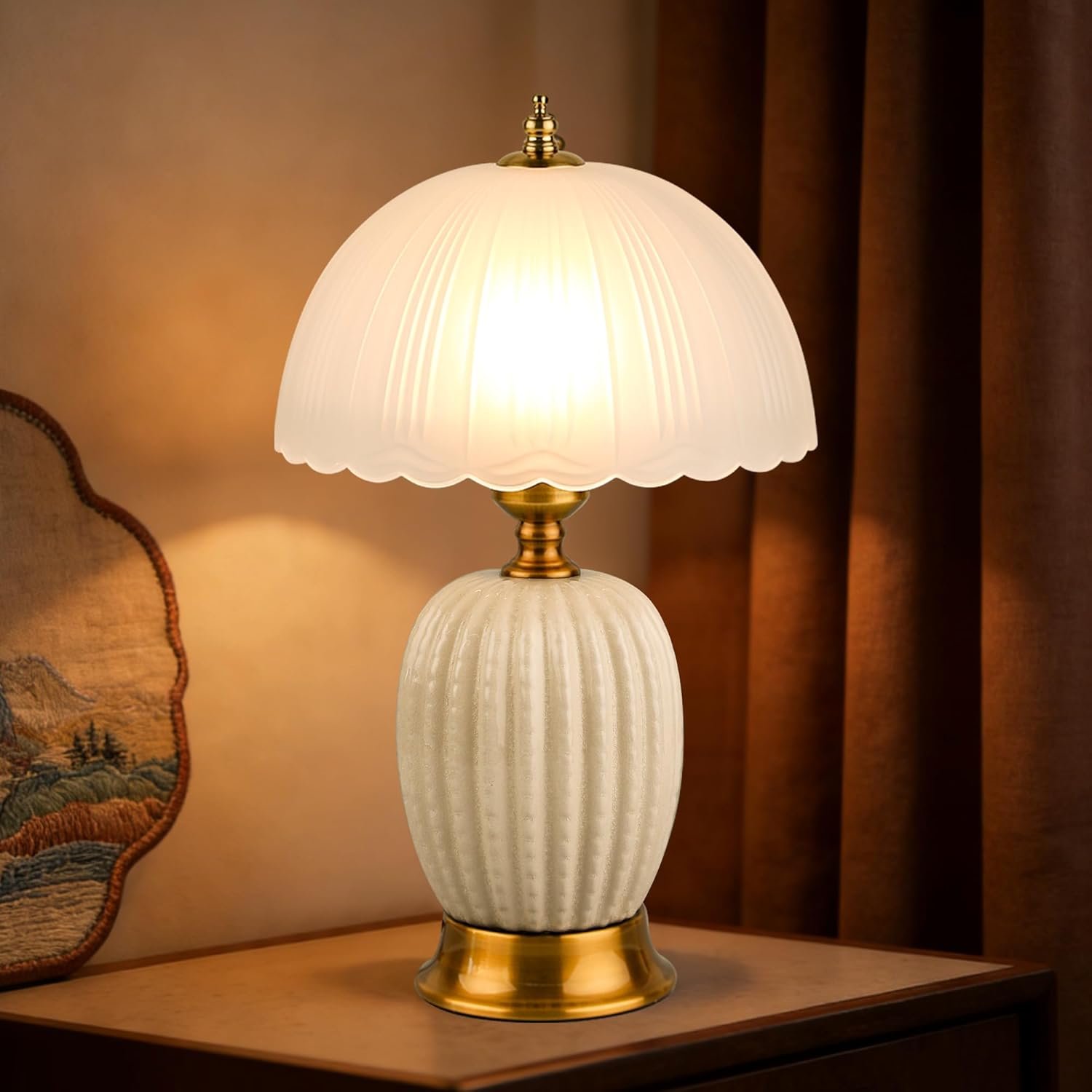 15.7″ Vintage Ceramic Small Table Lamp, White Cactus Retro Bedside Lamp with Scalloped Glass Shade, 3-Color Dimmable Nightstand Light for Bedroom & Living Room, Home Decor, Bulb Included