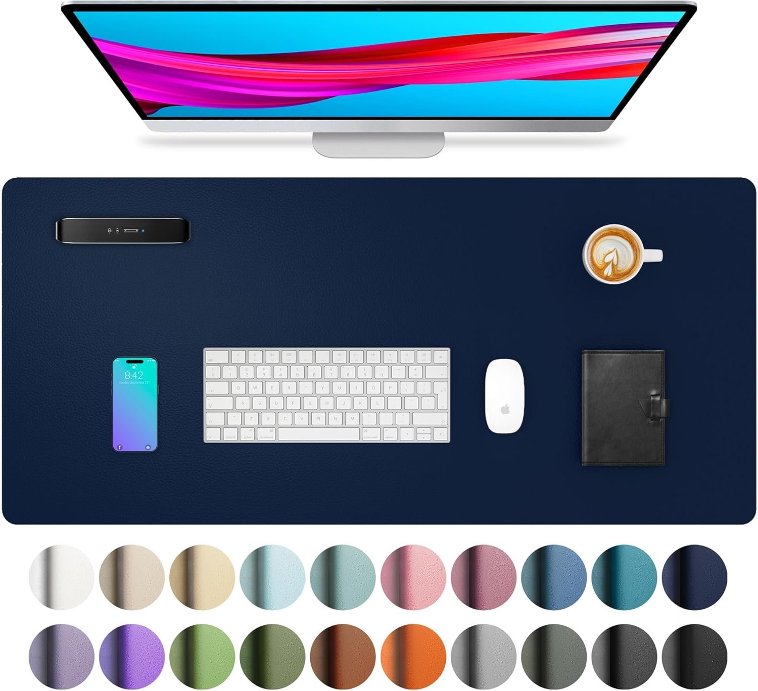 Aothia Leather Desk Pad Protector, Mouse Pad, Office Desk Mat, Non-Slip PU Leather Desk Blotter, Laptop Desk Pad, Waterproof Desk Writing Pad for Office and Home(Dark Blue,31.5″ x 15.7″)