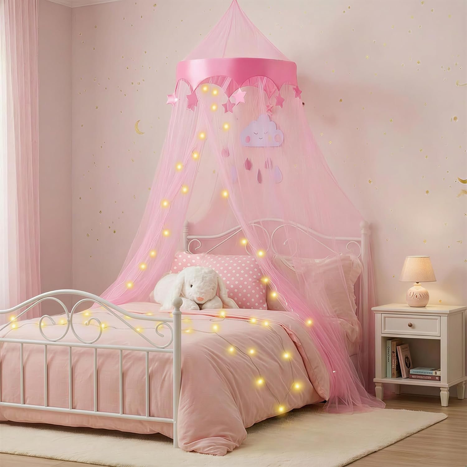 Bed Canopy with Lights for Girls, Princess’s Birthday Gift – Over Star Element Decorate Small Bulb Led Lights Bed Canopy Netting Mosquito Net, Home Decor for Twin, Full, Queen – Pink