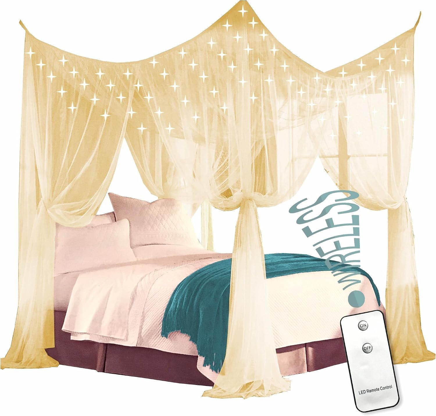 Just Relax Four Corner Post Bed Canopy Set with LED Lights and Remote, Beige, Full-Queen-King