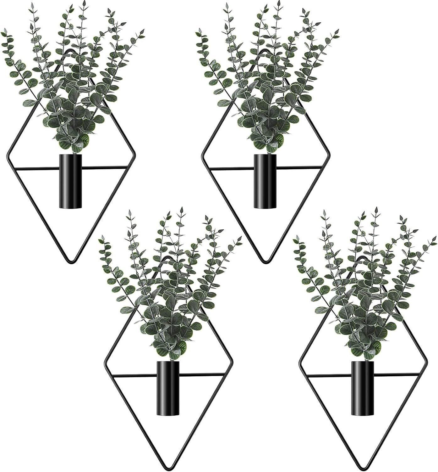 Jexine 4 Pcs Plant Wall Decor Diamond Shape Hanging Planters with Artificial Plants Geometric Wall Decor Metal Hanging Vase Indoor Holder for Living Room Bathroom Home(Eucalyptus)