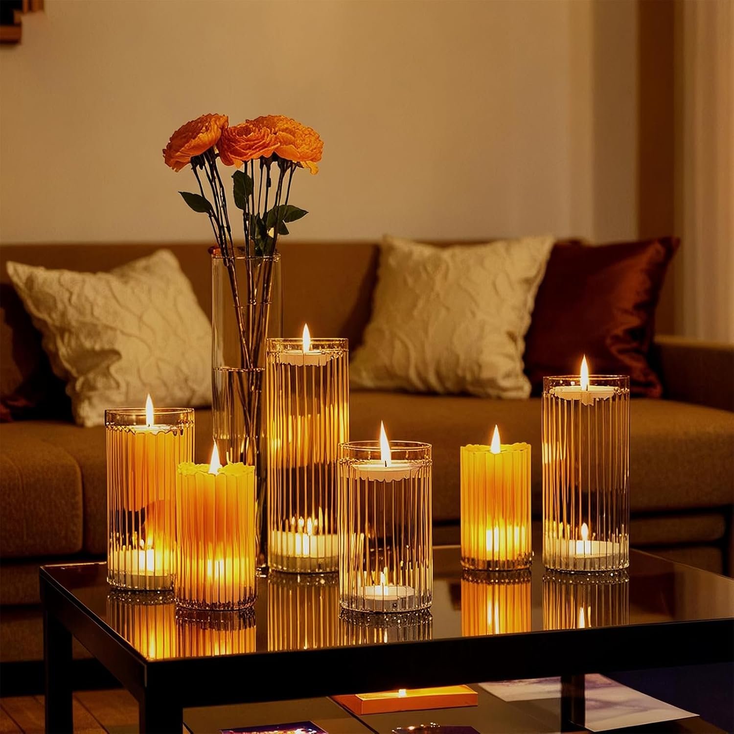 yshengood 6 Pcs Glass Hurricane Candle Holder Ribbed Glass Candle Holder – Elegant & Easy to Use, Perfect for Wedding, Holiday, Party Decor, Home and Event Essential