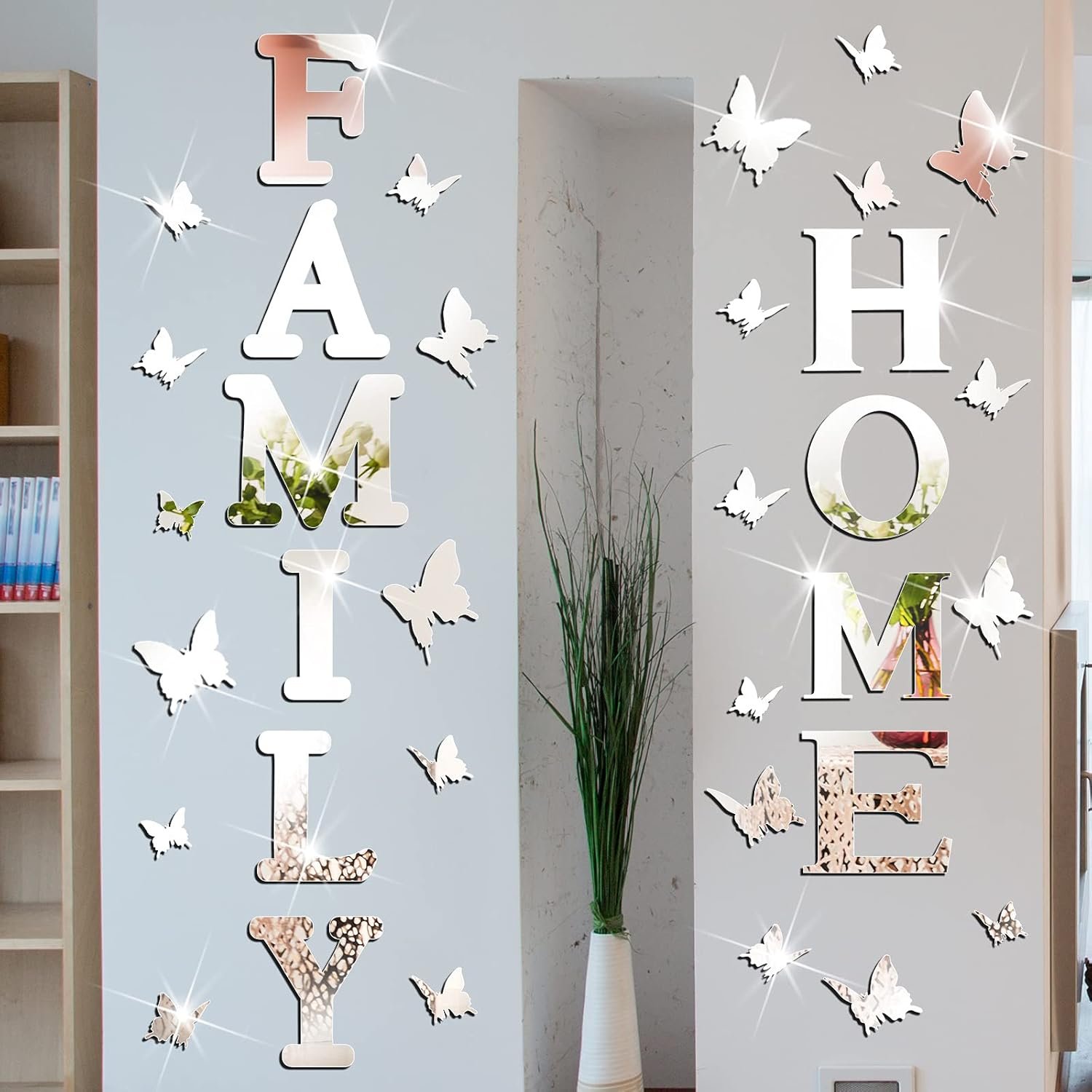 Outus 3D Family Home Mirror Wall Decor Signs Letters Rustic Farmhouse Living Room Decor Acrylic Mirror Stickers House Decoration for Living Room Bedroom Dining Home Kitchen (Silver)