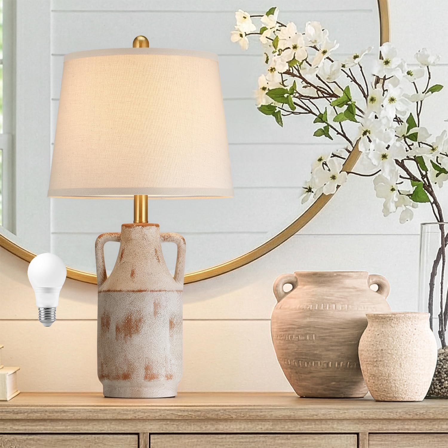 26″ Vintage Ceramic Table Lamp for Home Decor, Farmhouse Retro Terracotta Lamp with Handles for Living Room, Rustic Pottery Bedside Nightstand Lamps for Bedroom, End Table, Entryway (Bulb included)