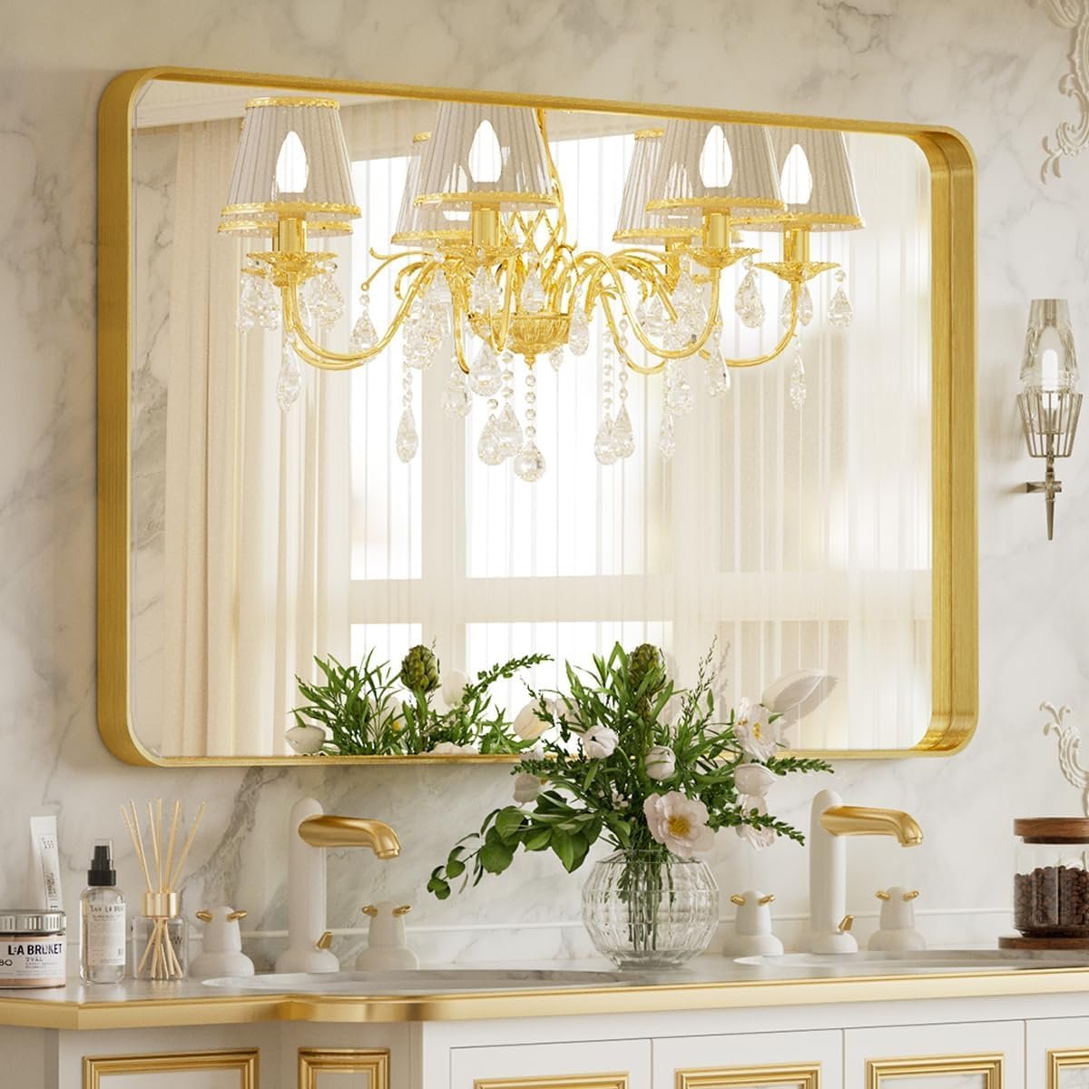 VooBang Bathroom Mirror 24×32 inch, Gold Gorgeous Deep Frame Wall Mirror, Modern Round Corner Bathroom Vanity Mirror for Bedroom, Living Room, Hanging or Leaning Horizontal or Vertical, Gold
