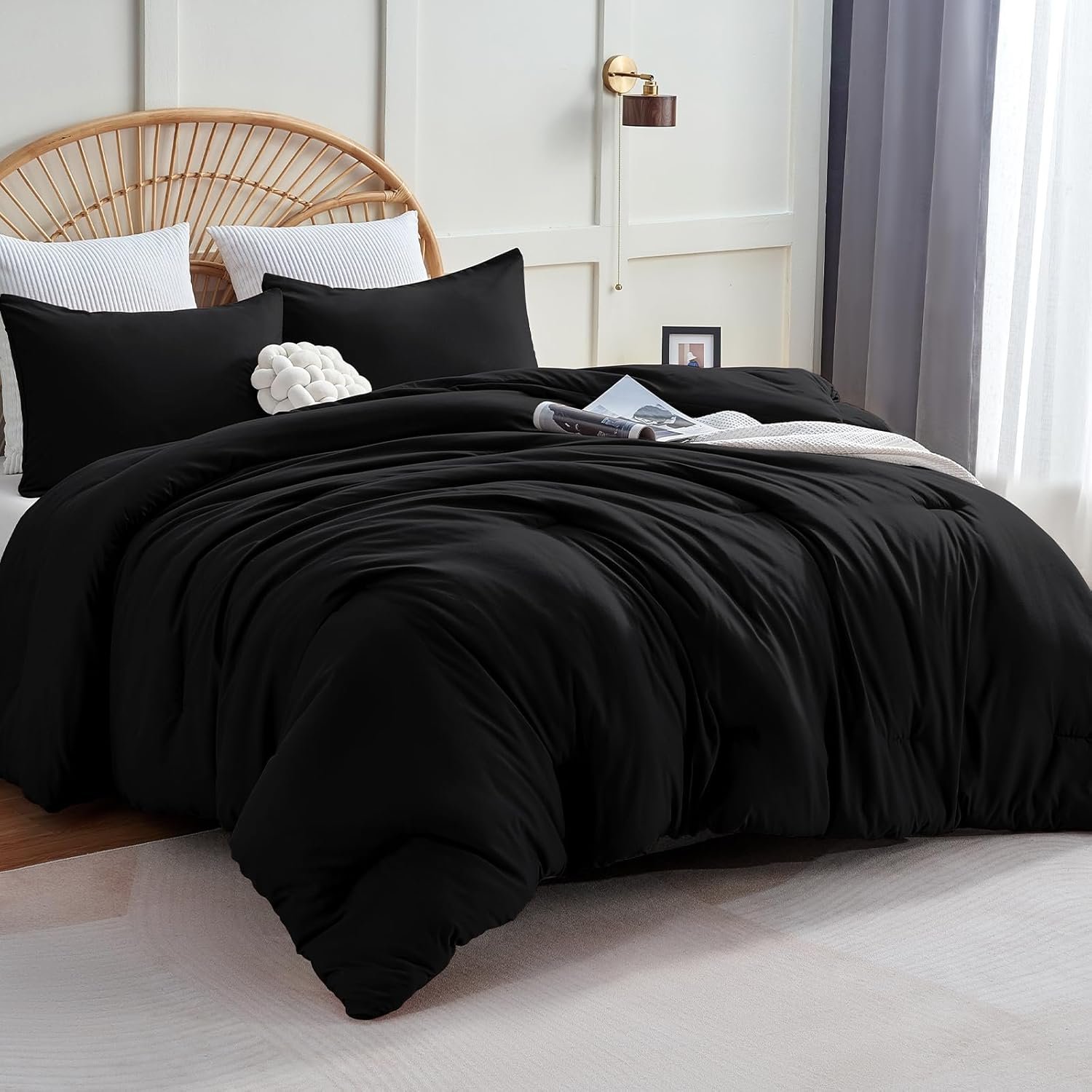CozyLux King Size Comforter Set Black, 3 Pieces Lightweight Down Alternative Quilted Bedding Sets, All Season Soft Breathable Solid Comforter with 2 Pillowcases, Luxury Bed Set Gift for Home