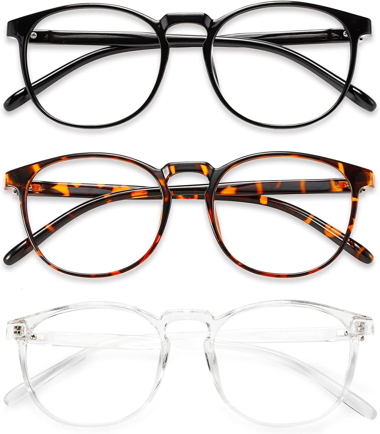 Przene 3 Pack Blue Light Blocking Glasses Women/Men,Retro Round Computer Glasses Anti Eye Strain/UV/Glare, Gaming Glasses. (Black/Crystal/Amber)