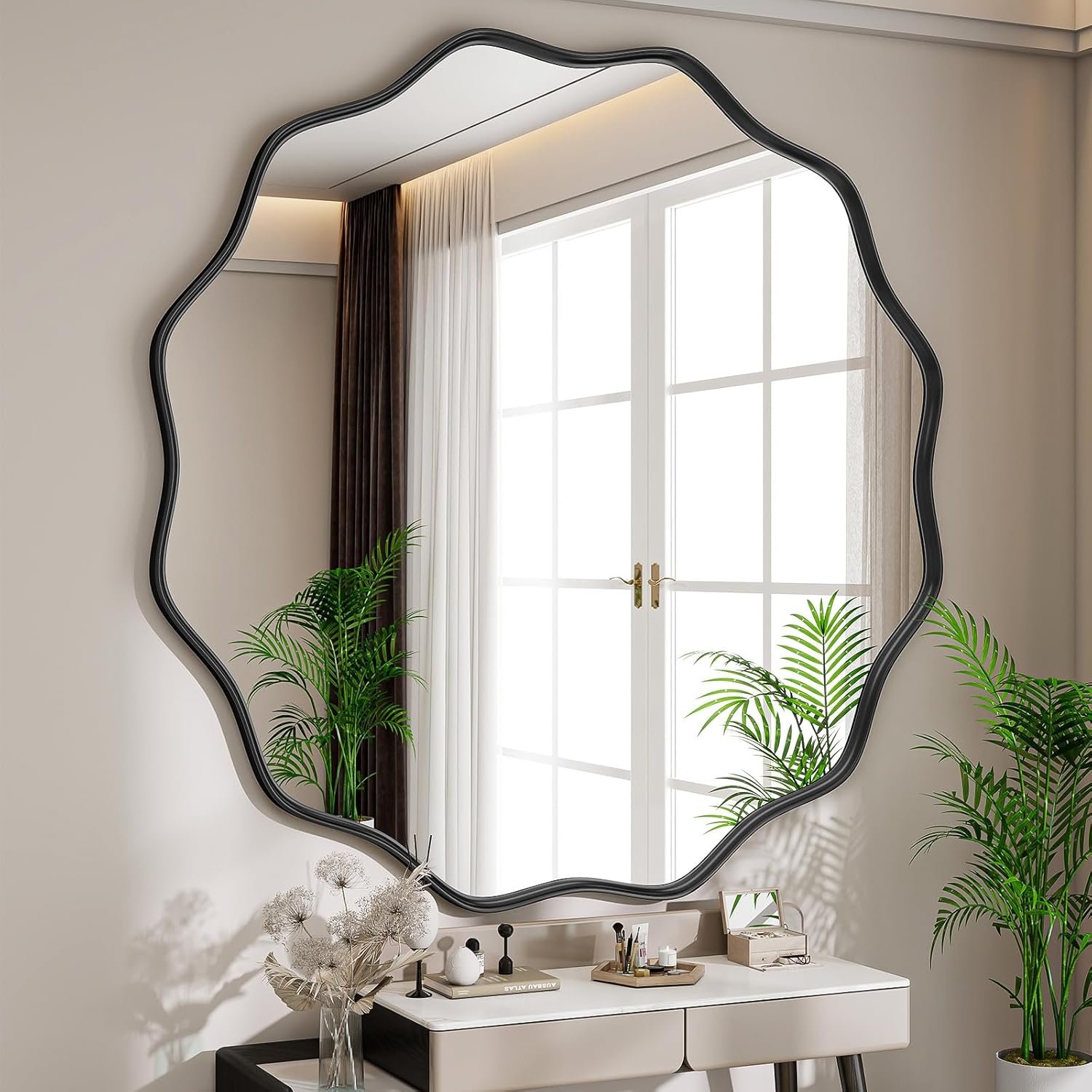Wavy Round Mirror, 42 Inch Large Metal Frame Circle Mirror, Wall Mounted for Bathroom, Vanity, Entryway, Living Room, Black